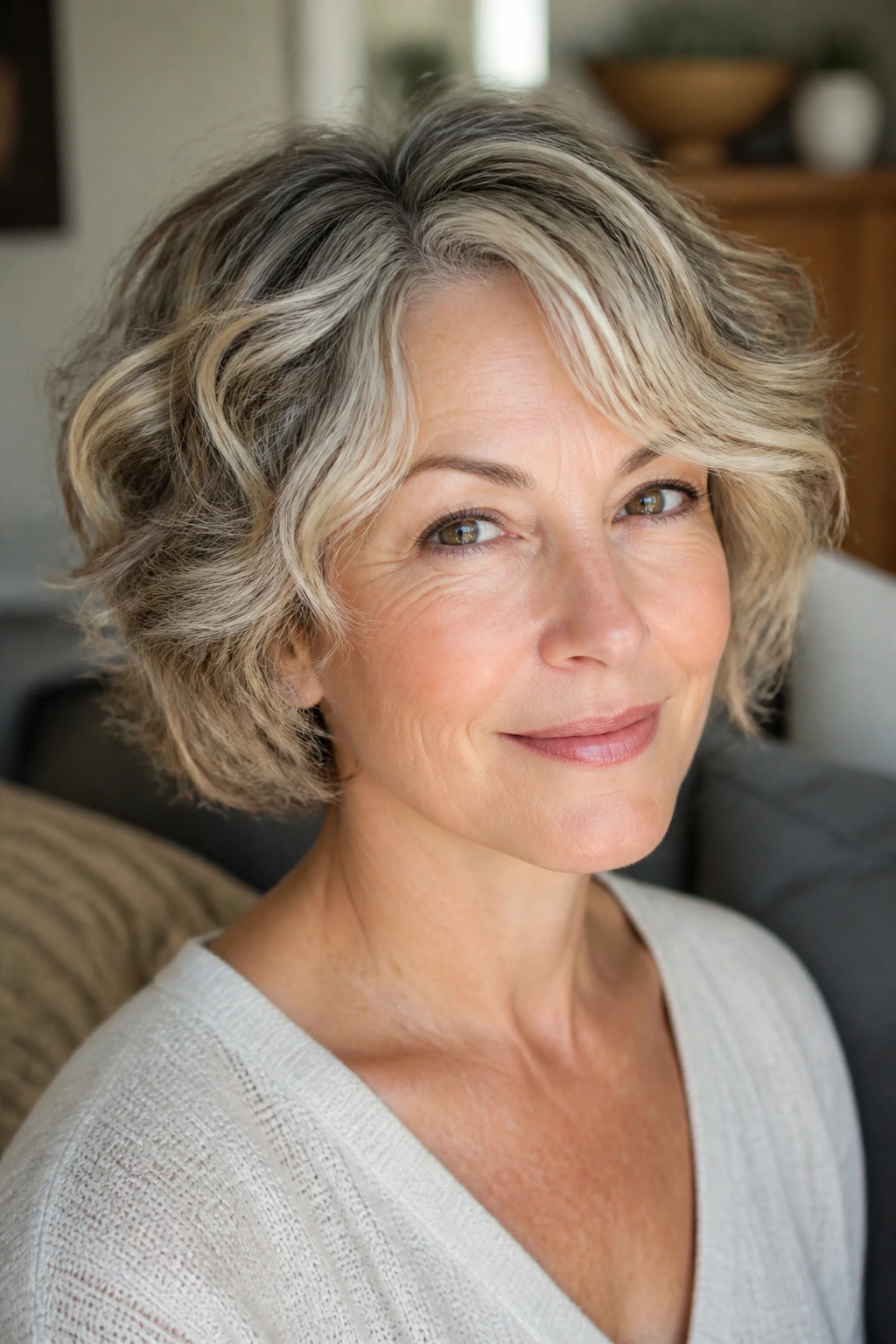 Close-up of a woman with a practical short wavy hairstyle for fine hair