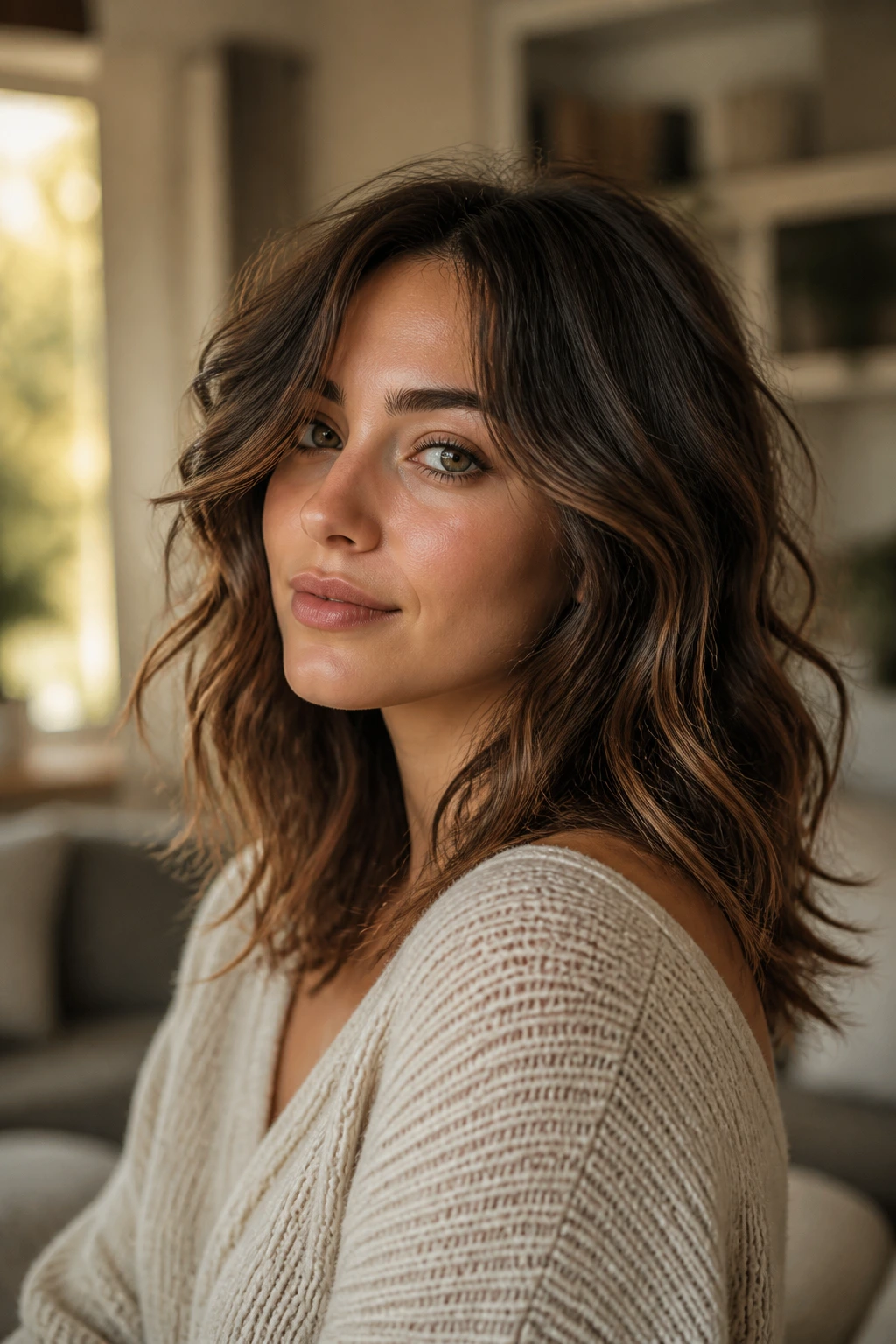 Close-up of a real woman with easy, natural-looking wavy hair in a sunlit living room