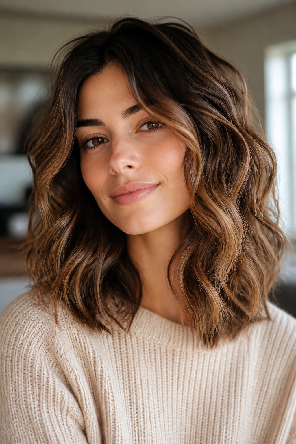 Close-up of a real woman with easy, everyday wavy hair.