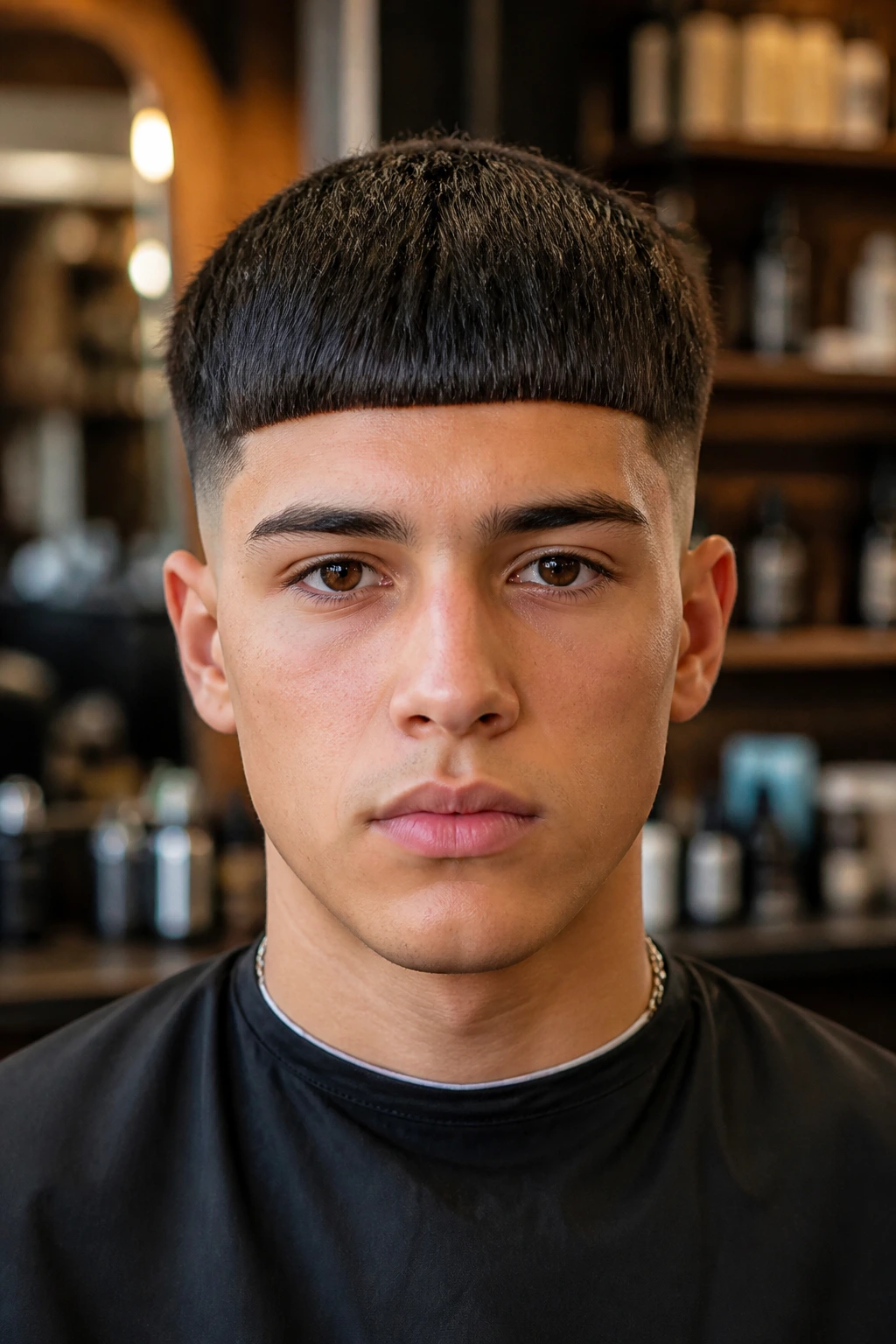 Portrait of a man with blunt Edgar fringe and tight sides