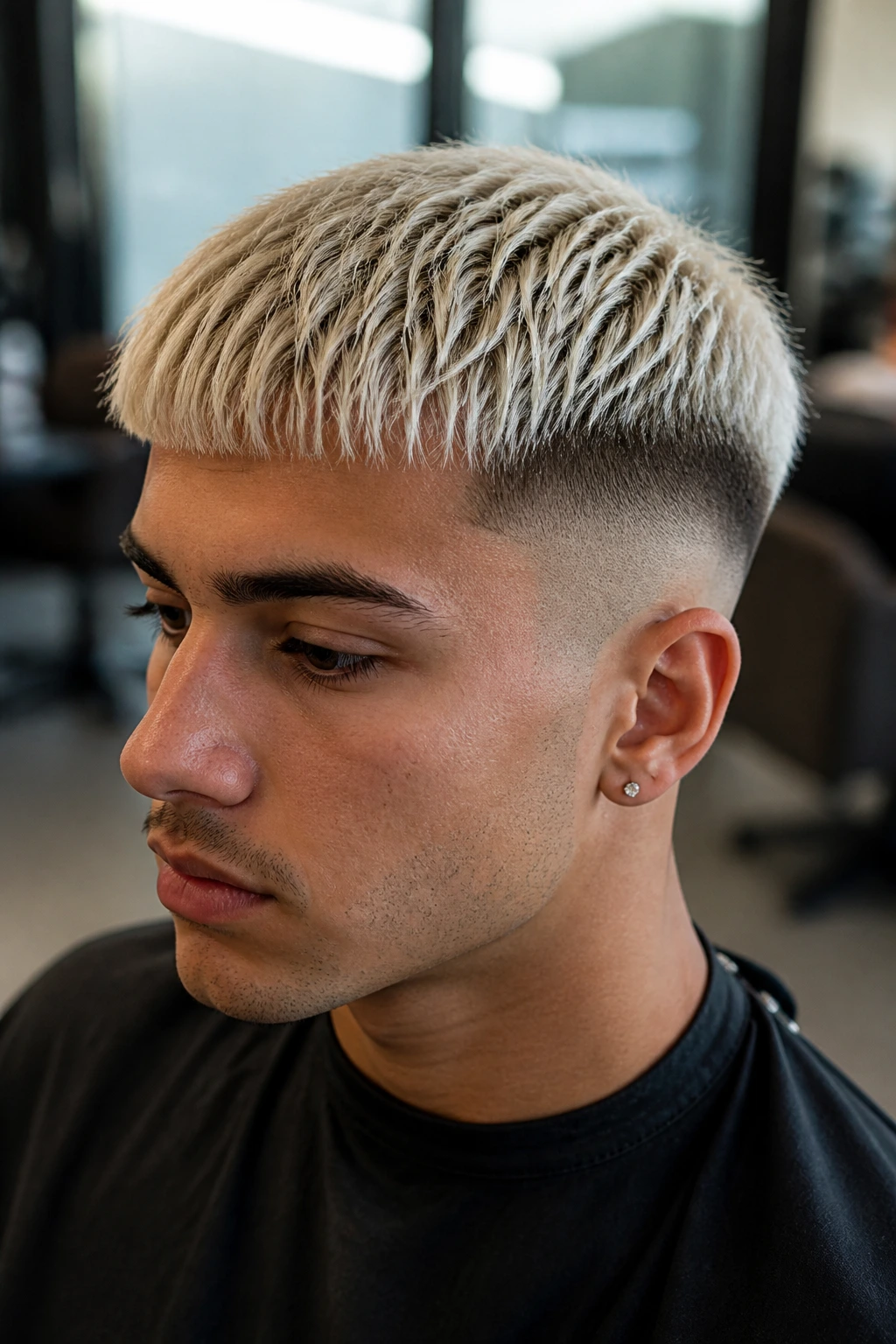 Close-up of a man with bleached top Edgar fringe and dark sides in a salon setting