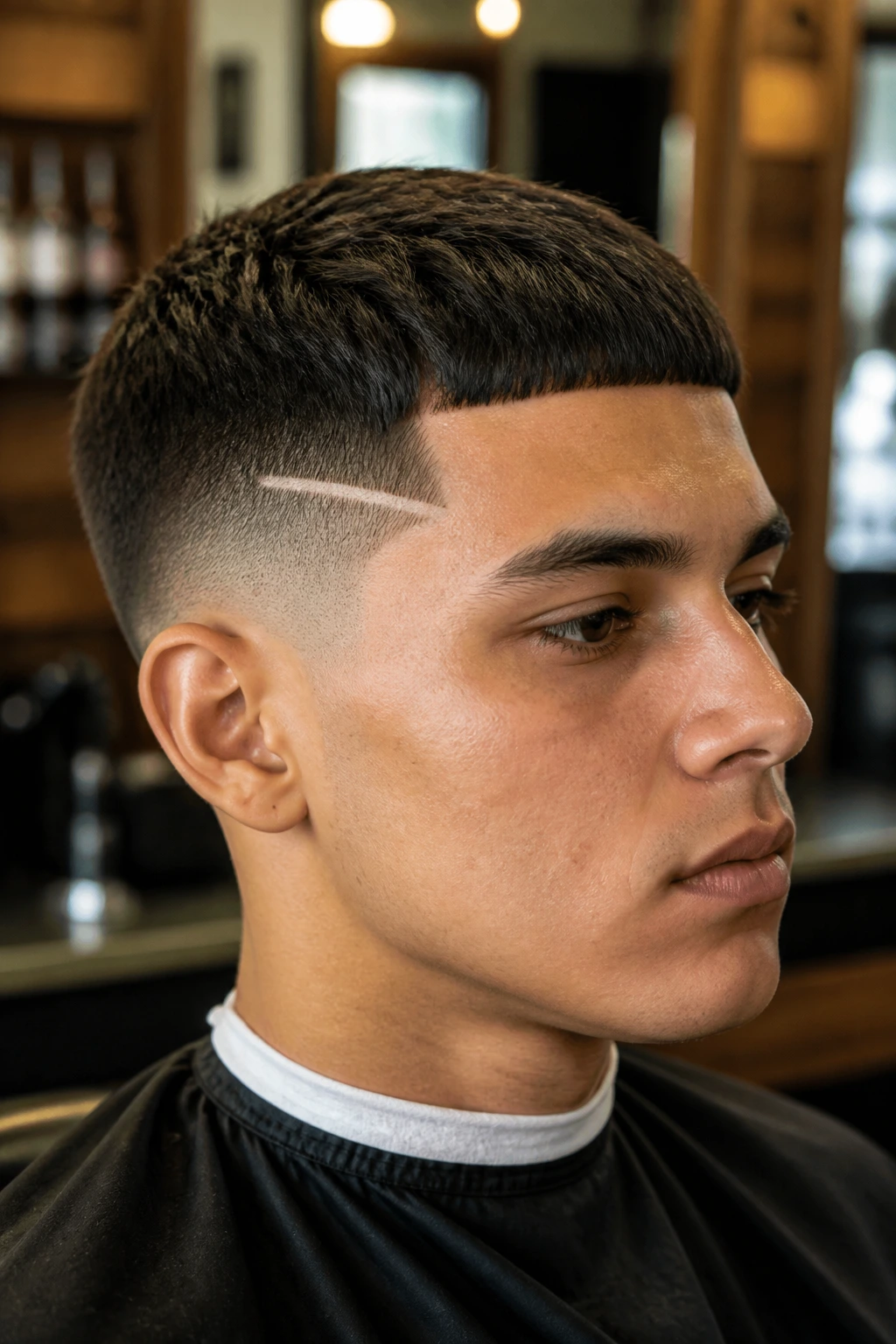 Close-up of a man with a design line Edgar cut and blunt fringe in a barbershop setting