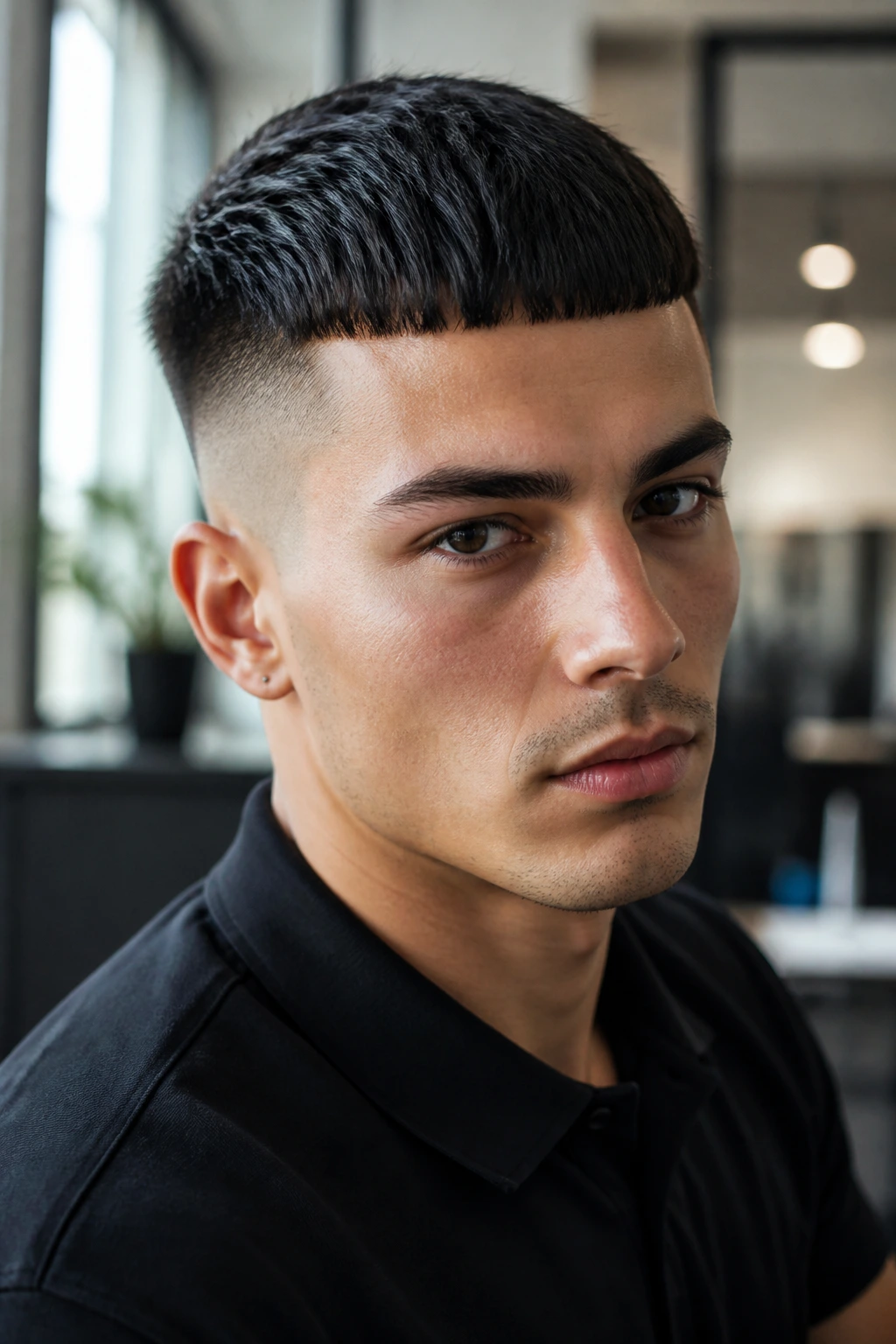 Portrait of a real person with a bold Edgar cut front line in a modern office