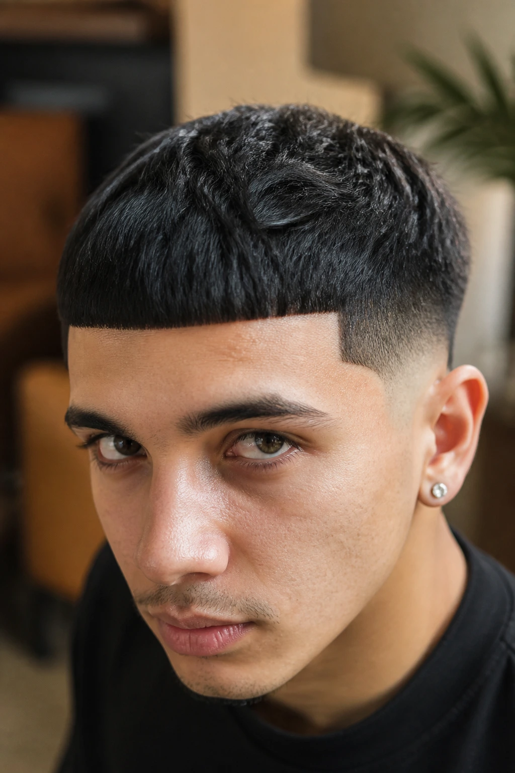 Close-up portrait emphasizing a sharp forehead fringe for Edgar cut concept on a real man
