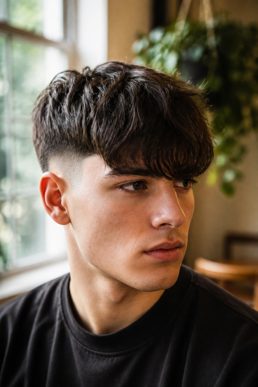 Close-up of a man with long fringe Edgar cut in a warm natural-lit setting