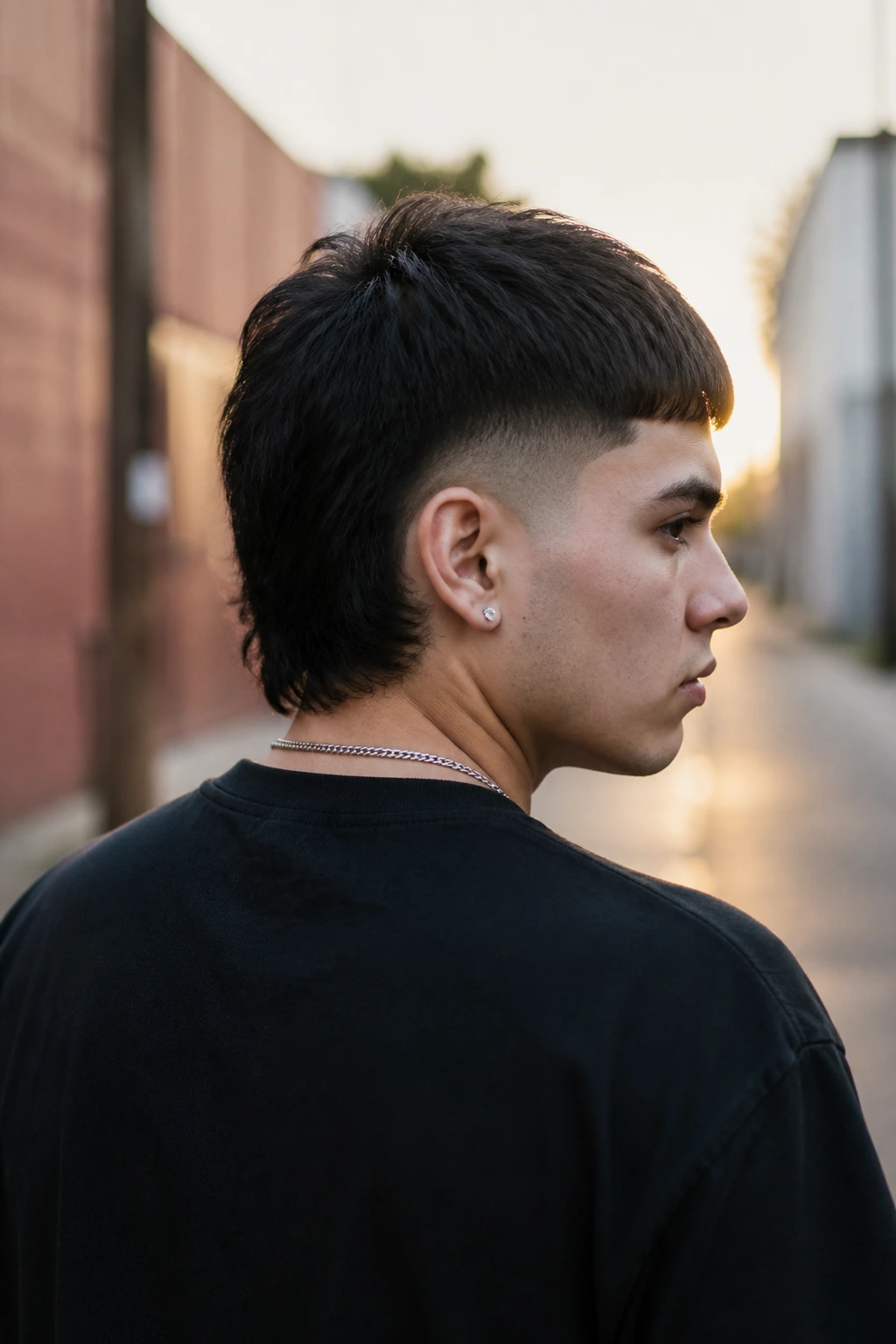 Three-quarter rear view of a real person with mini mullet Edgar cut