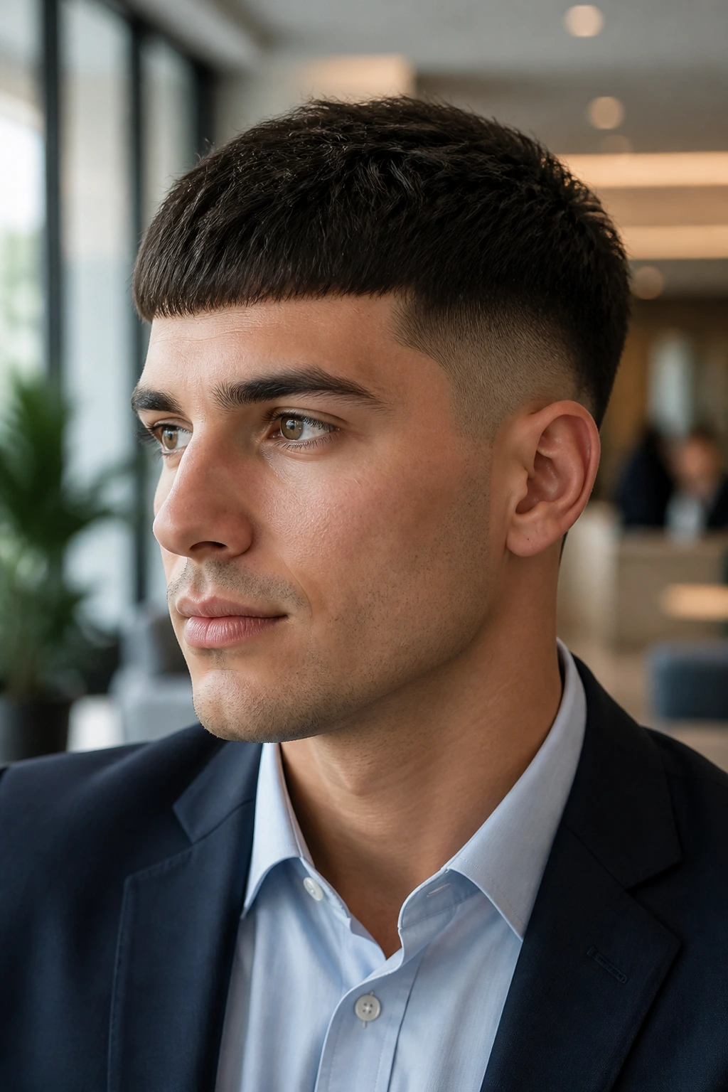 Close-up of a real person with a soft Edgar cut in an office setting