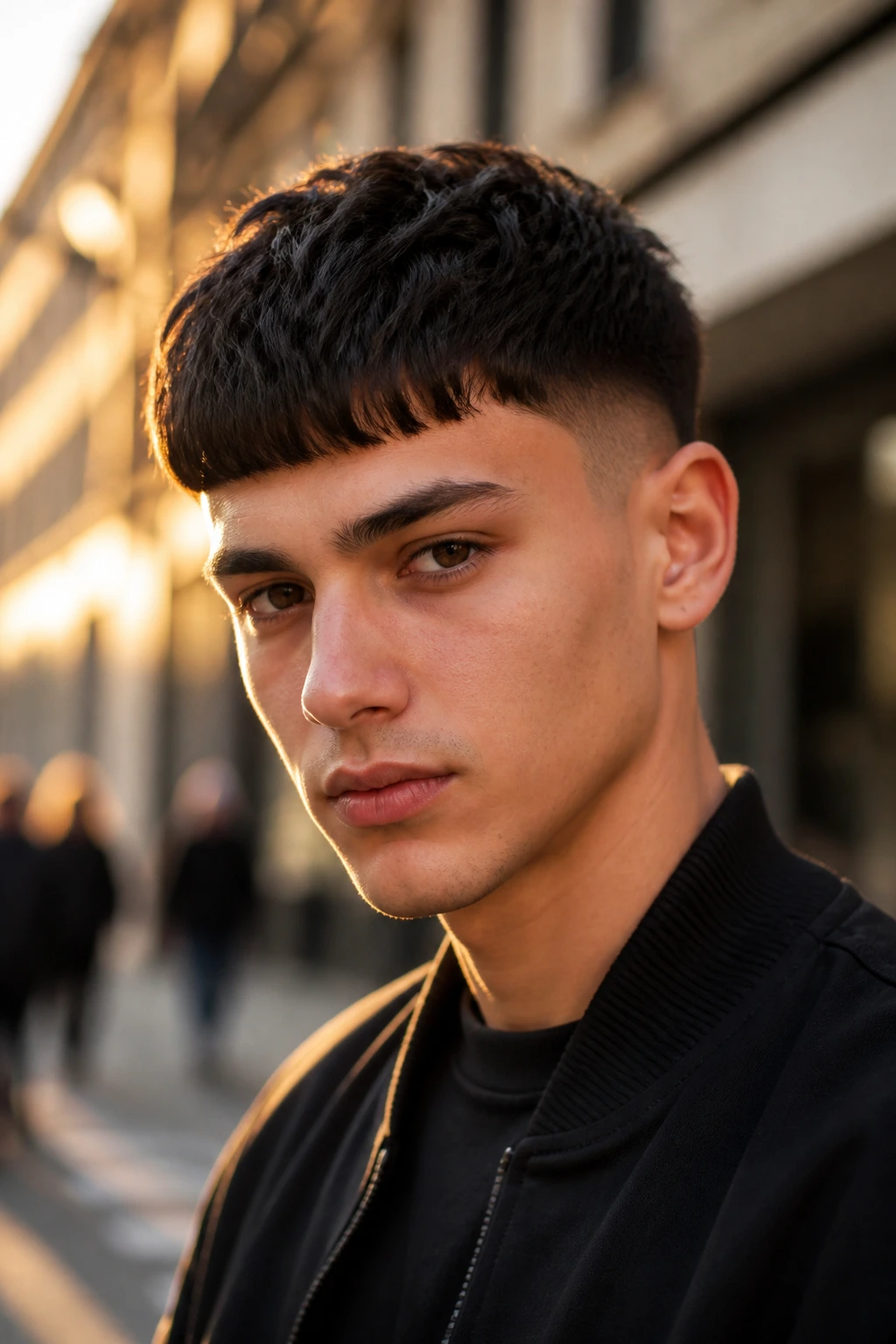 Portrait of a man with Edgar cut fringe forward in real life setting