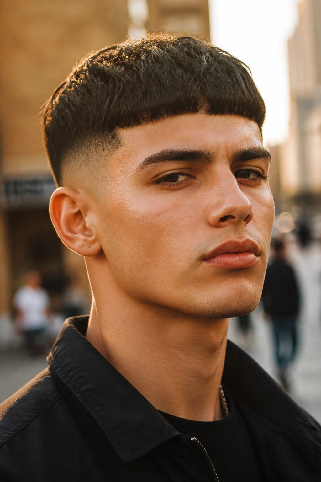 Close-up man with Edgar cut in urban golden hour light