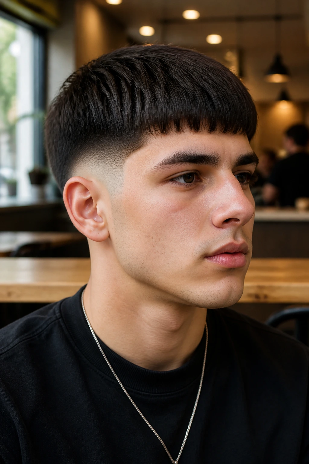 Portrait of a man with Straight-Hair Edgar Cut showing crisp fringe and clean side transition.