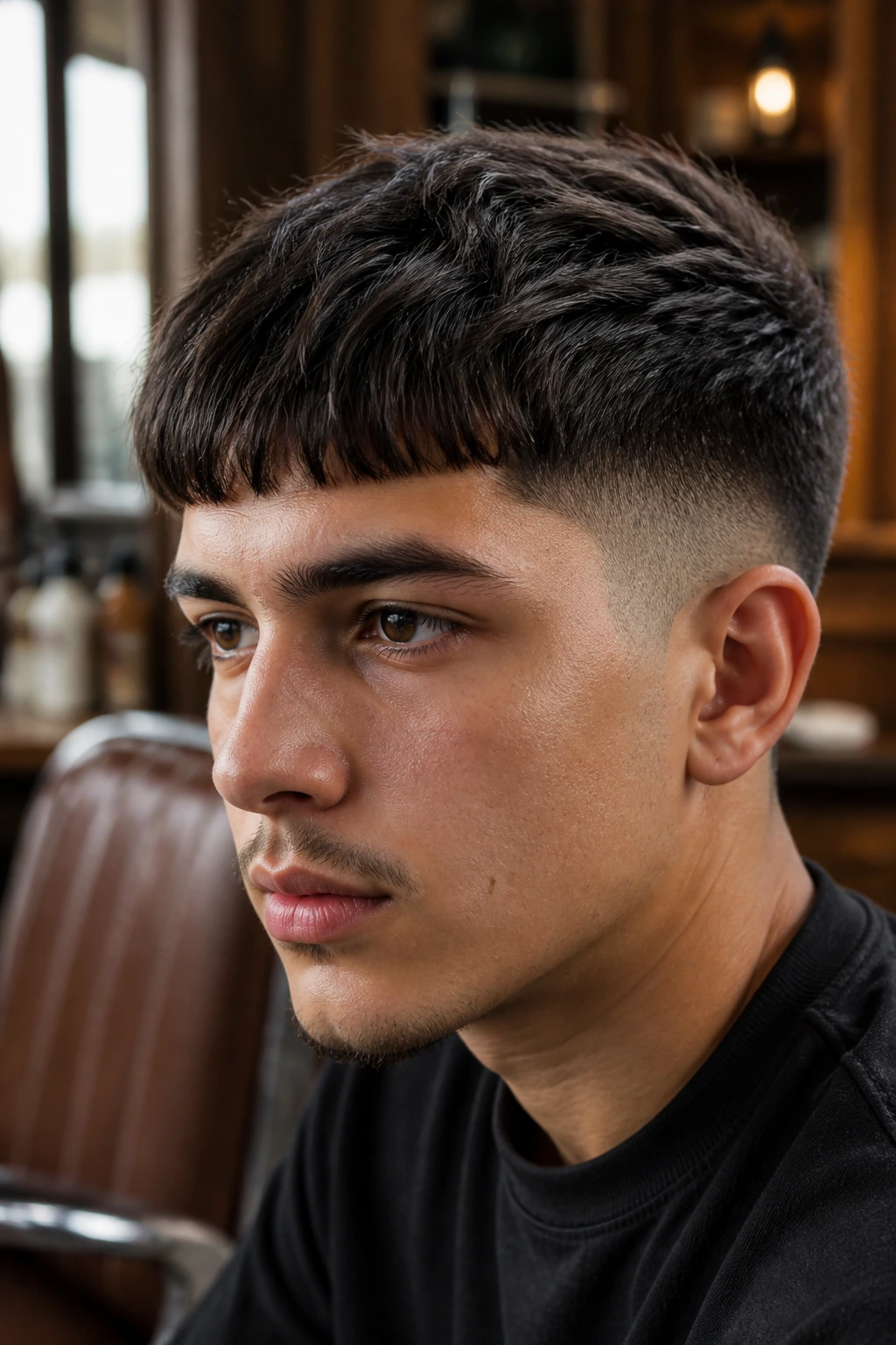 Close-up portrait of a man with a textured Edgar Cut showing forward fringe and layered top, in a warm barbershop setting.