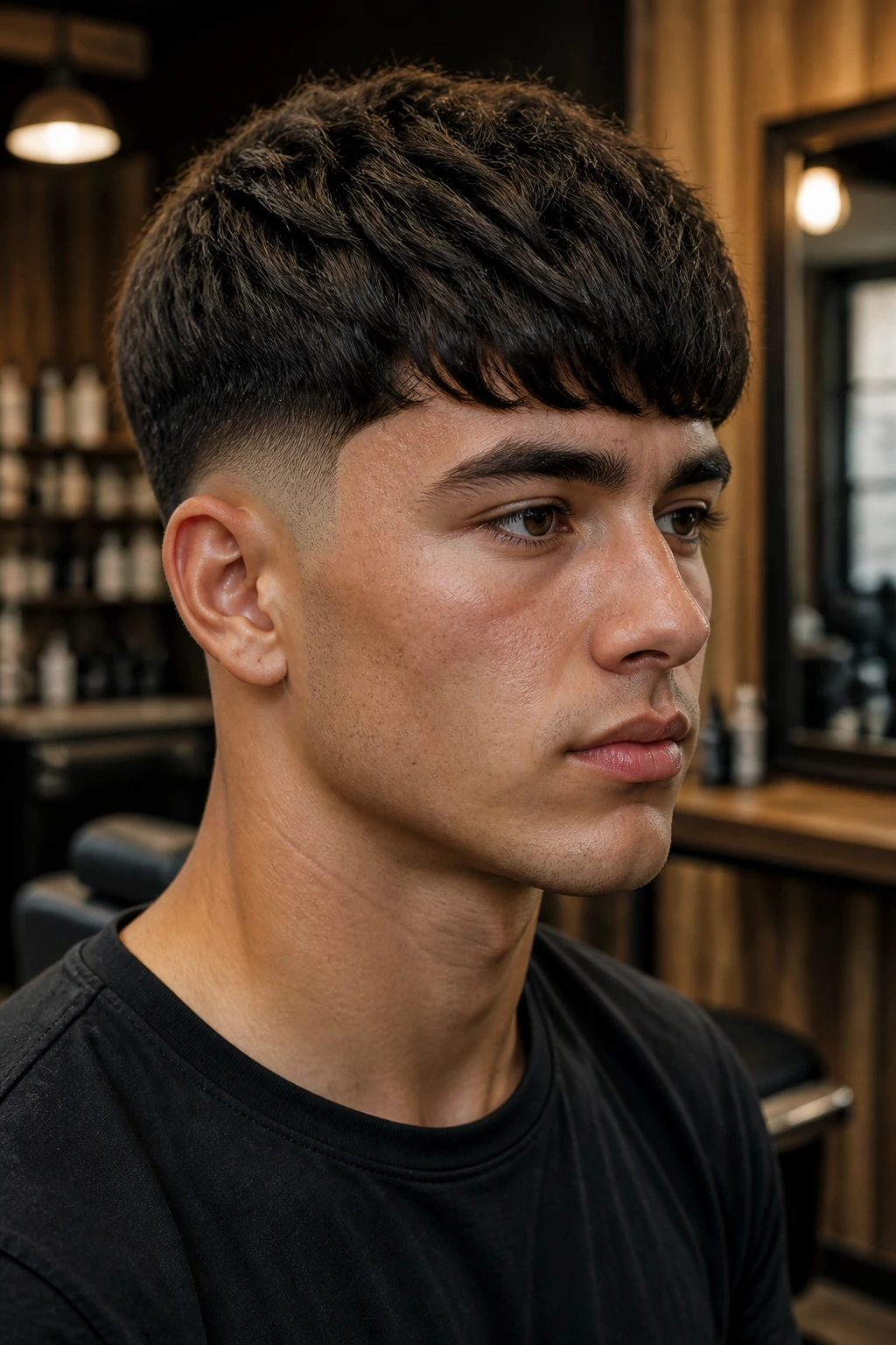 Portrait of a man with Thick-Hair Edgar Cut showing dense top and forward fringe.