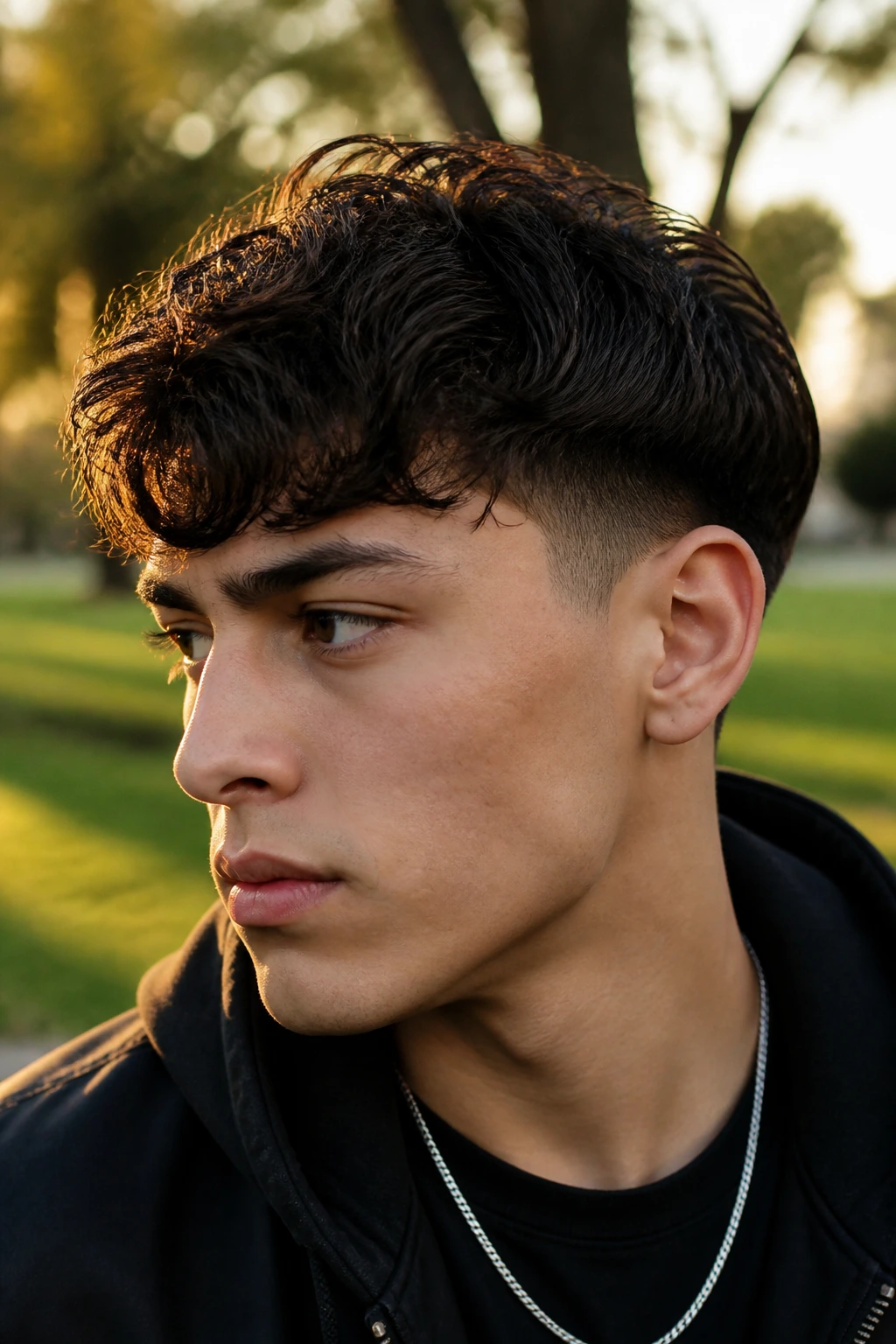 Portrait of a man with Wavy Edgar Cut in natural light.