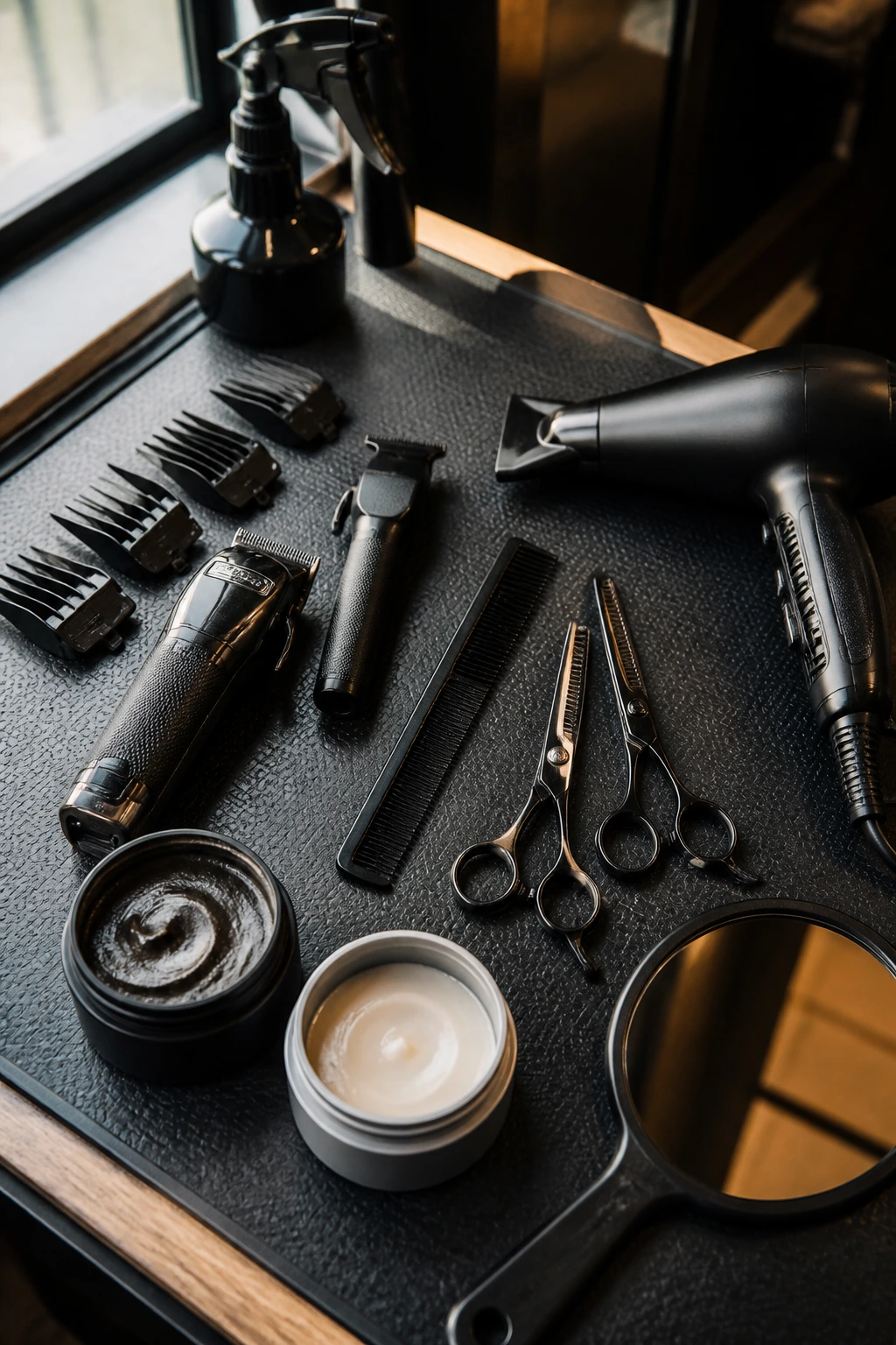 Close-up of essential Edgar cut tools arranged on a barber station