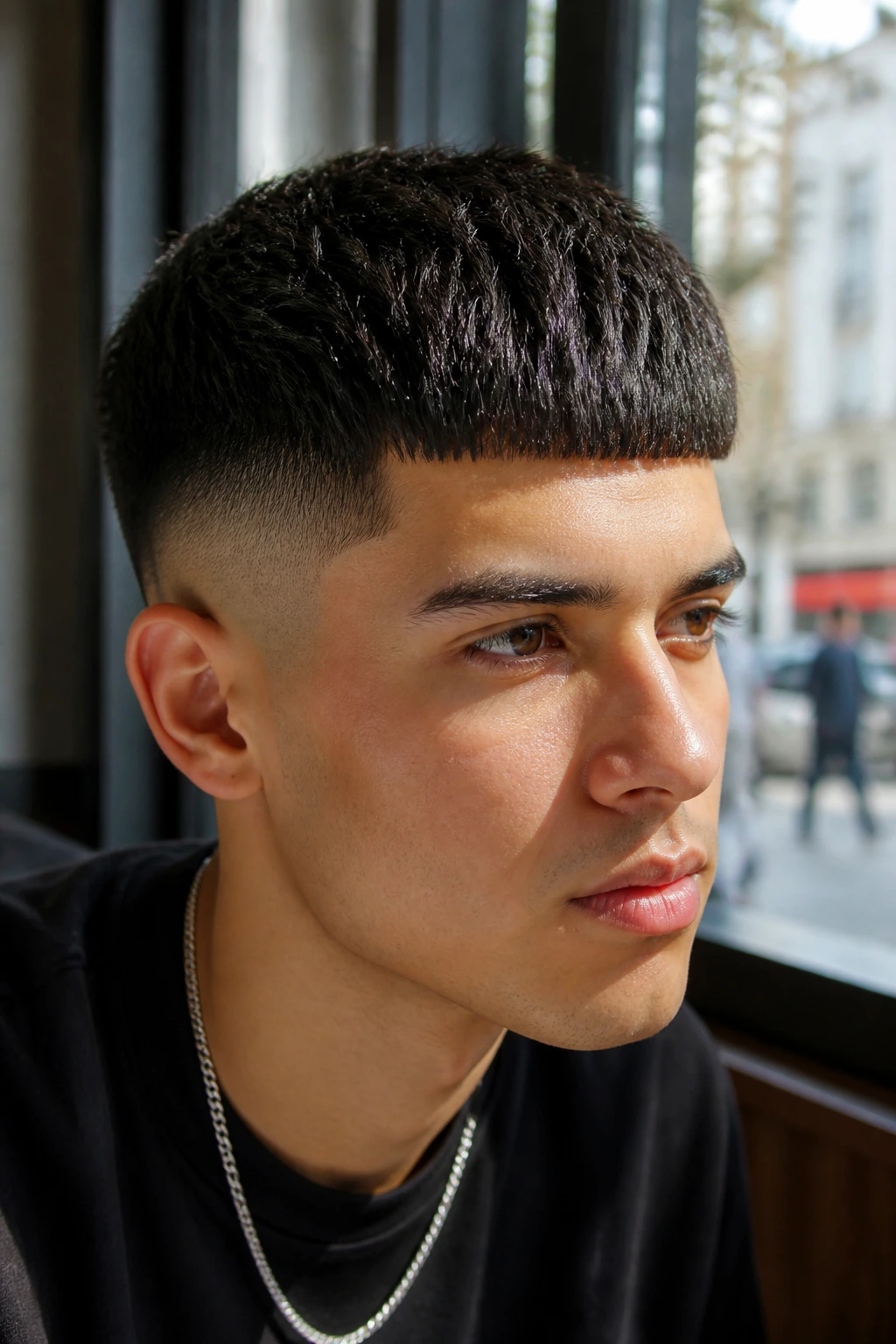 Portrait of a man with a low fade Edgar cut and square fringe