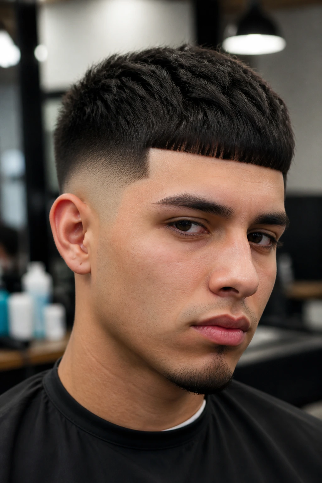 Portrait of a man with a mid fade Edgar cut and sharp fringe