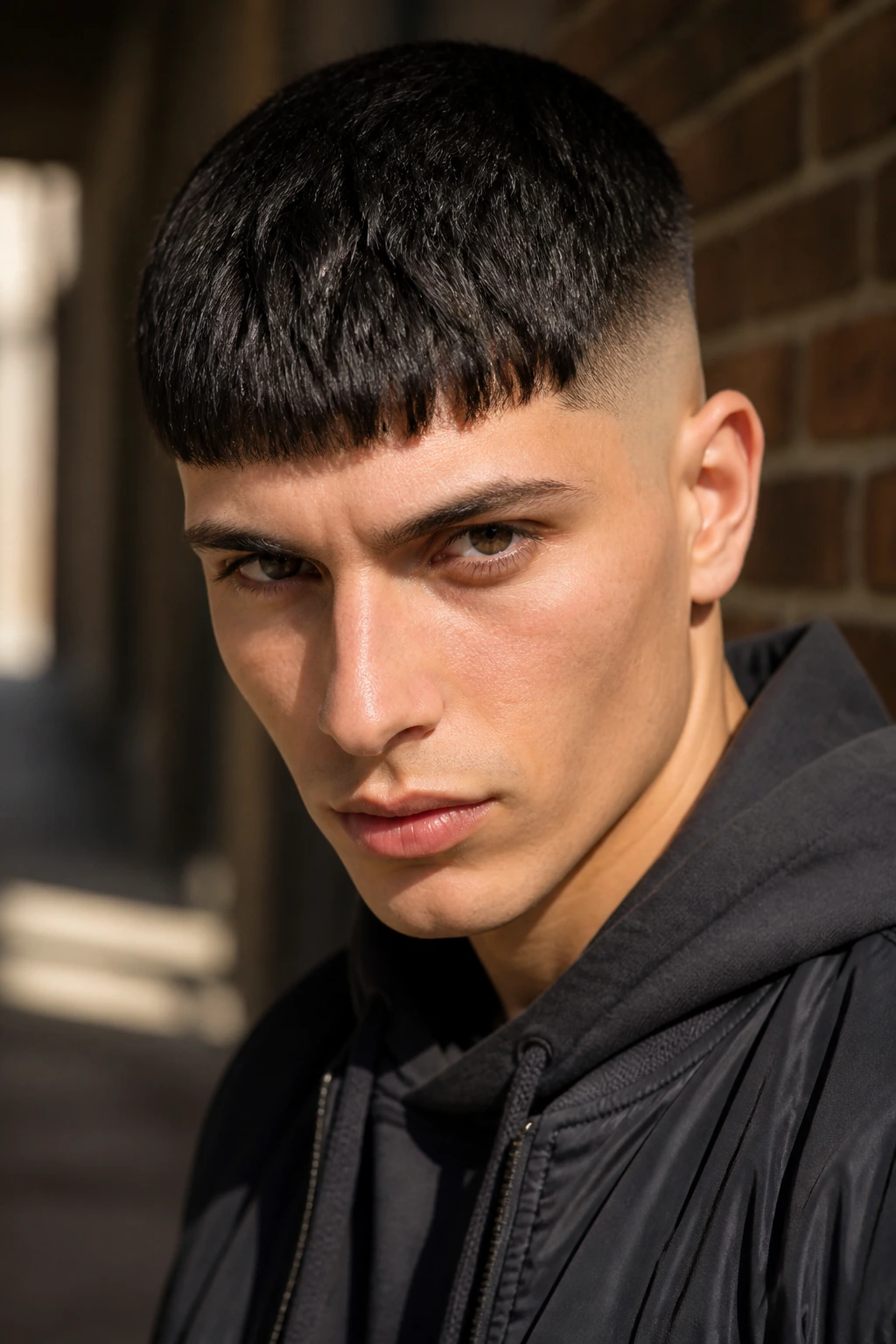 Portrait of a man with a skin fade Edgar cut and dense fringe
