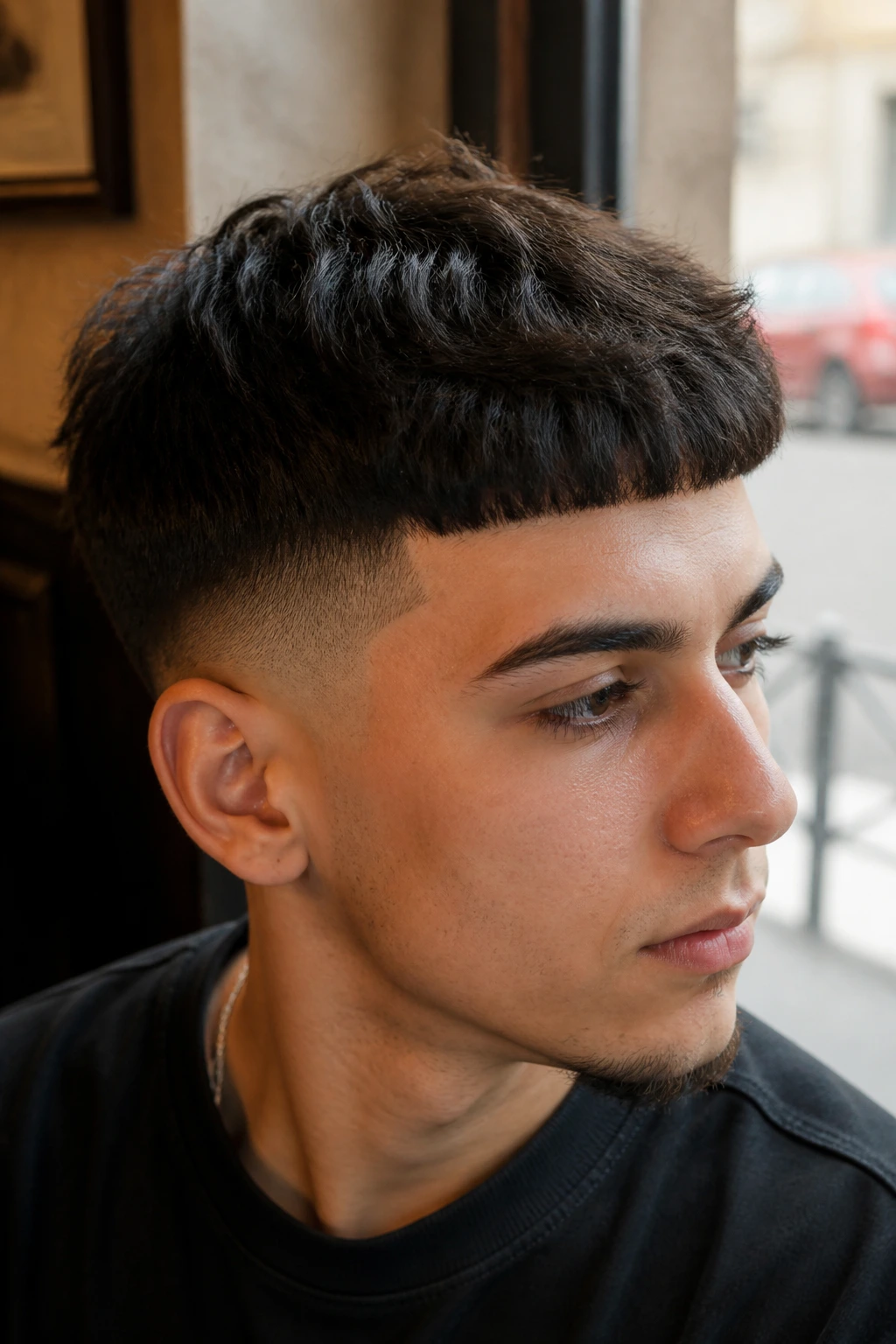 Portrait of a man with a taper fade Edgar cut