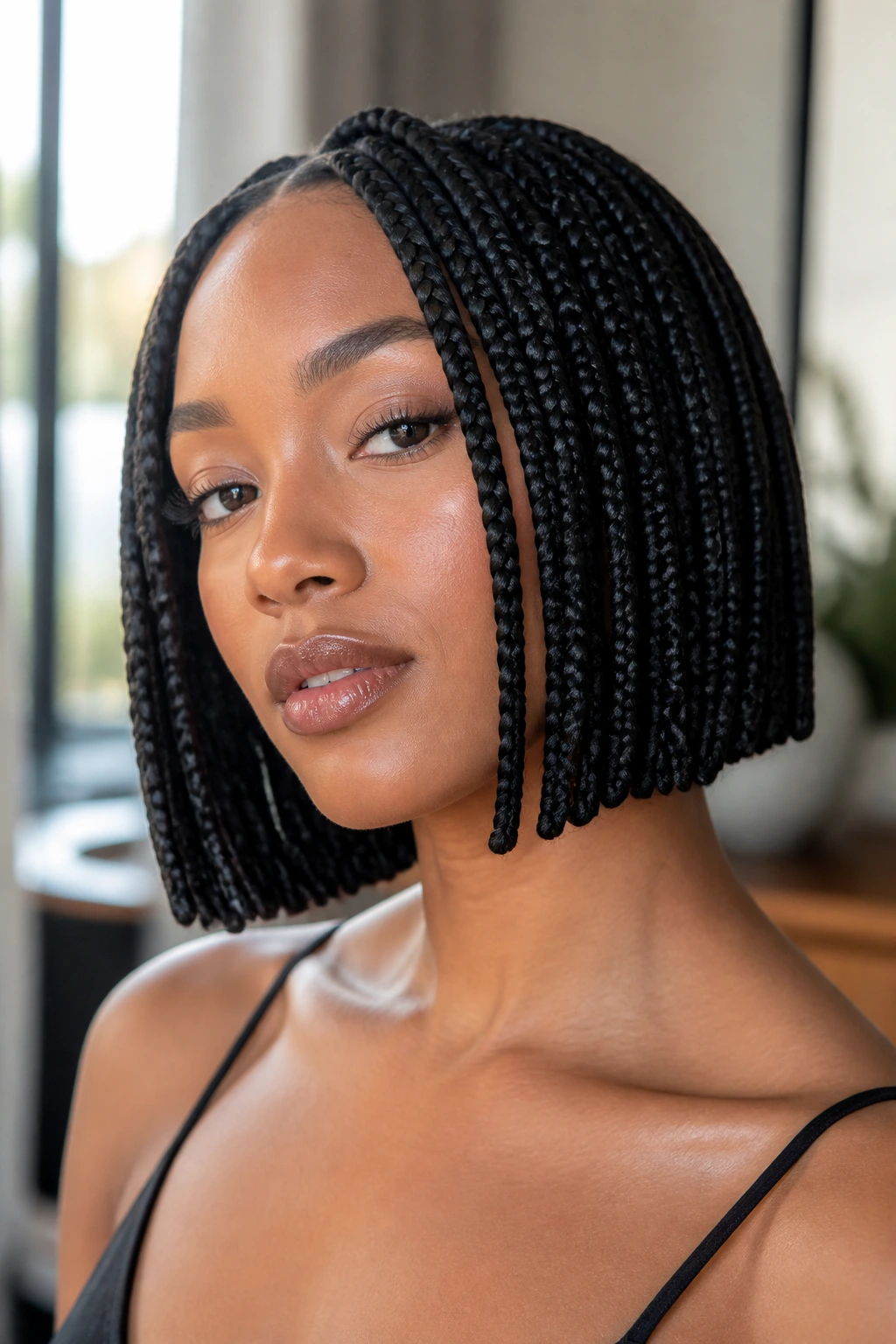 Portrait of a woman with crisp blunt bob-length box braids showing sharp edges.