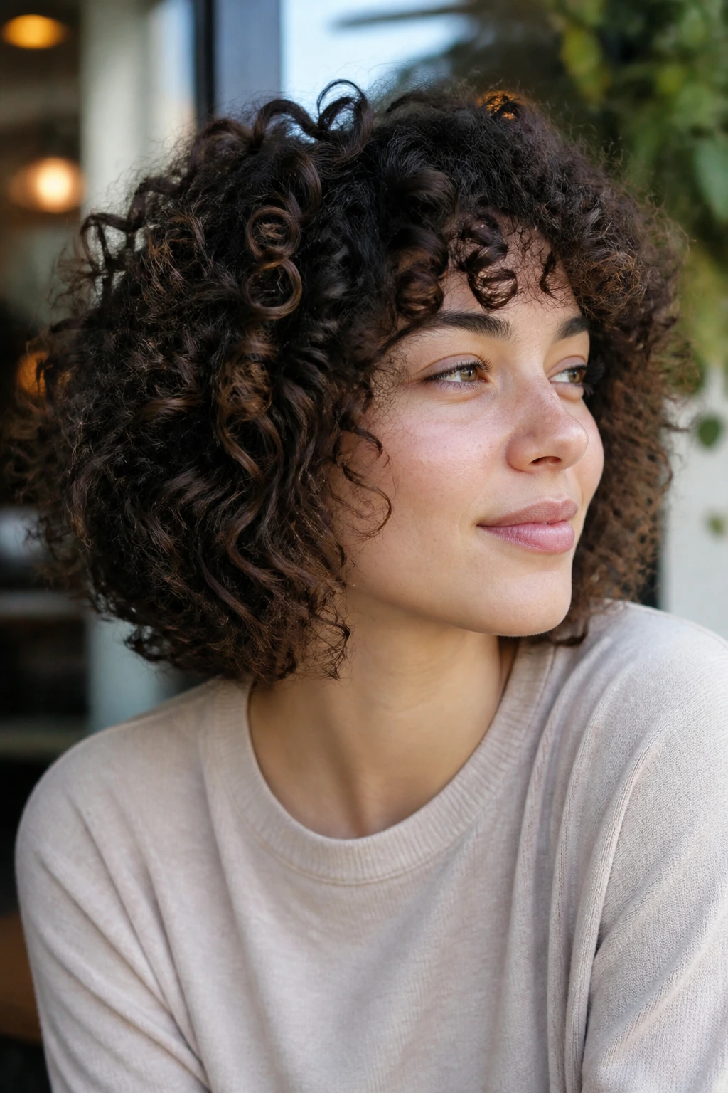 Portrait of a real woman with a shaped, edged choppy curly haircut
