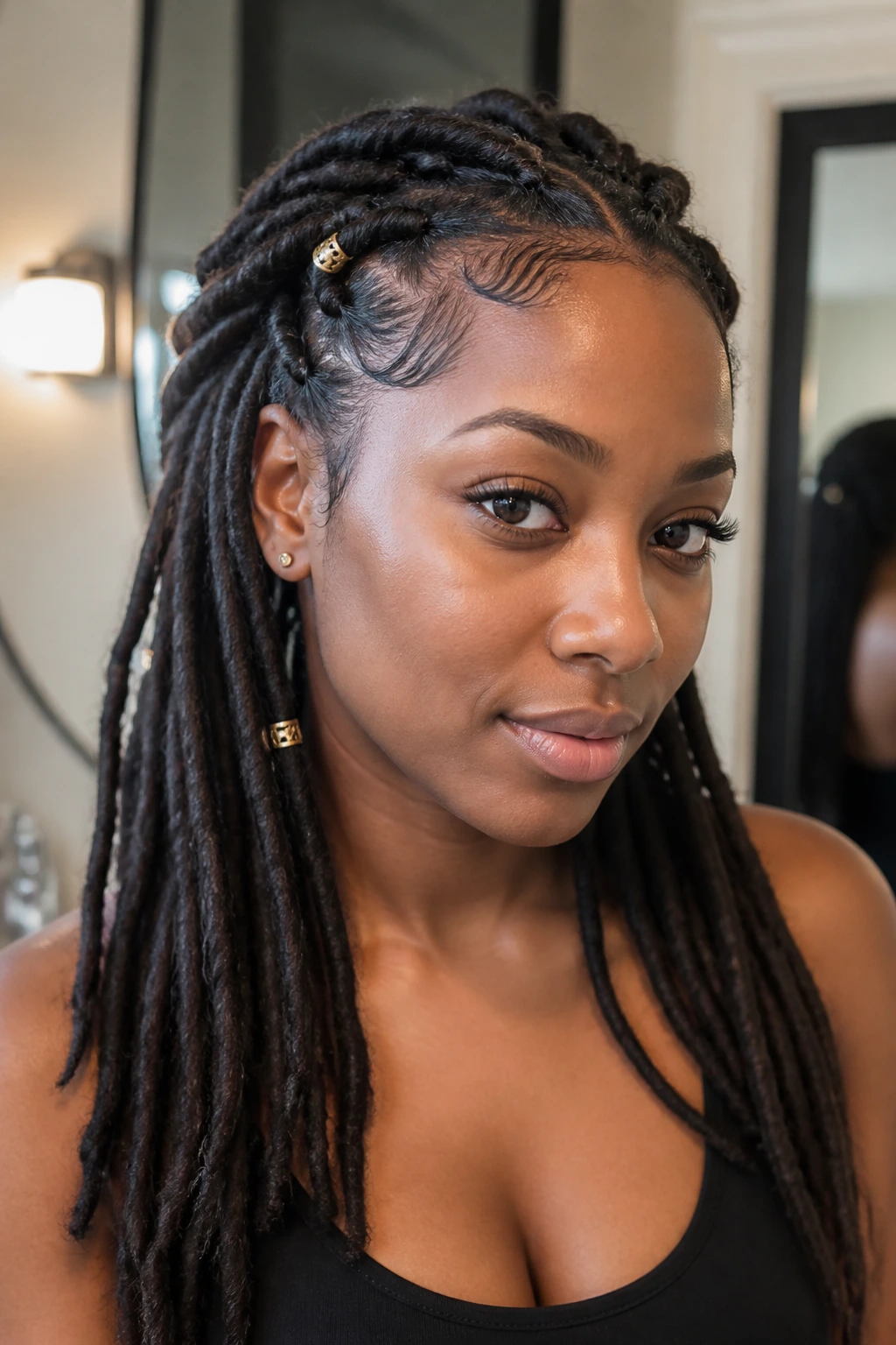 Close-up of a woman with locs showing edge control and moisture mist.