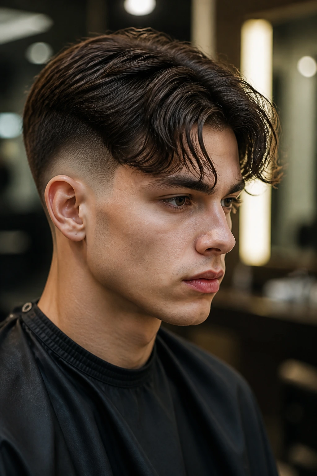 Close-up of a real person with bold curtain bangs and high-contrast fade