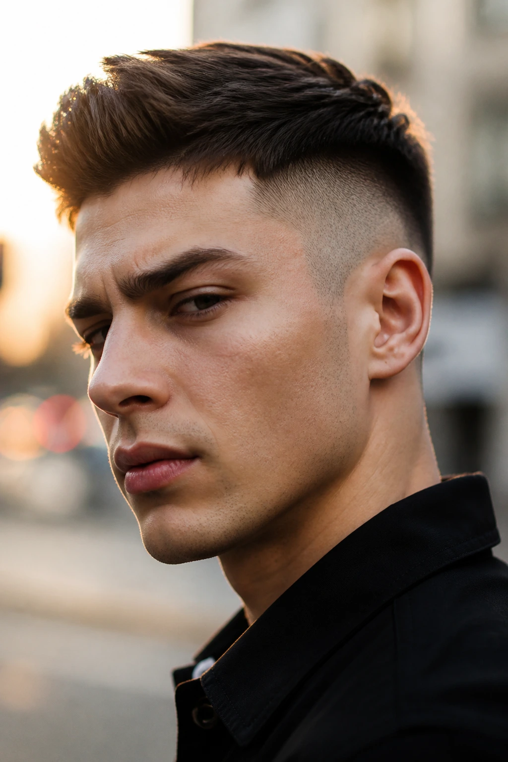 Close-up portrait of a man with a shaved temple fade and longer crown emphasizing edge shape.