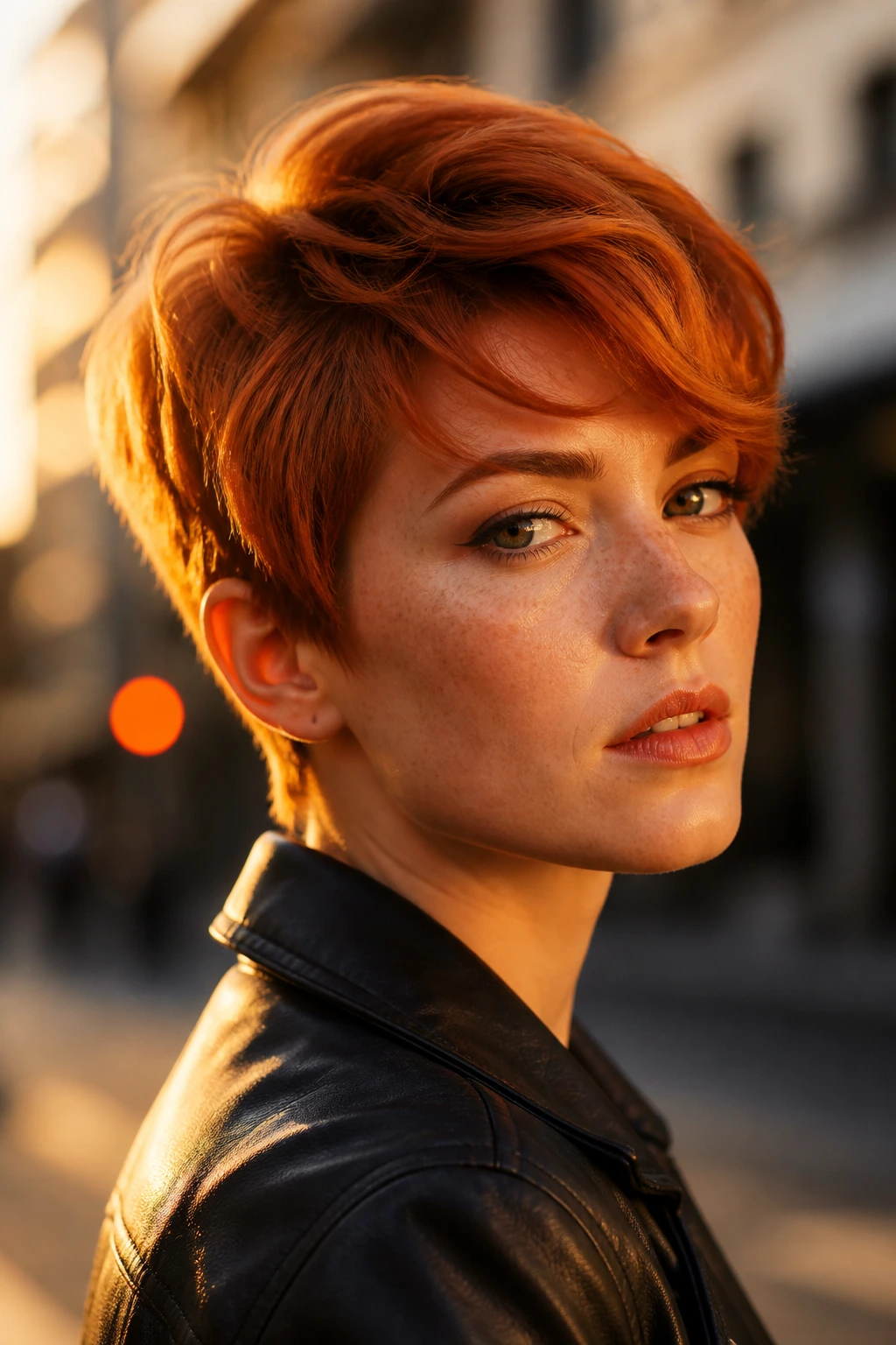 Close-up of a ginger-haired person with bold copper hair on an urban golden-hour street
