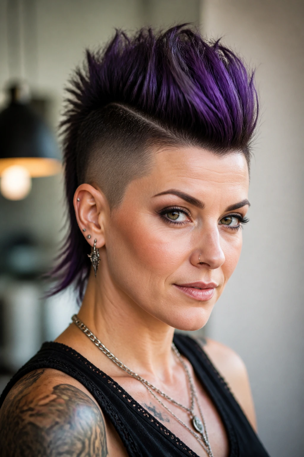 Close-up of a real woman with a sharp edge-focused mohawk
