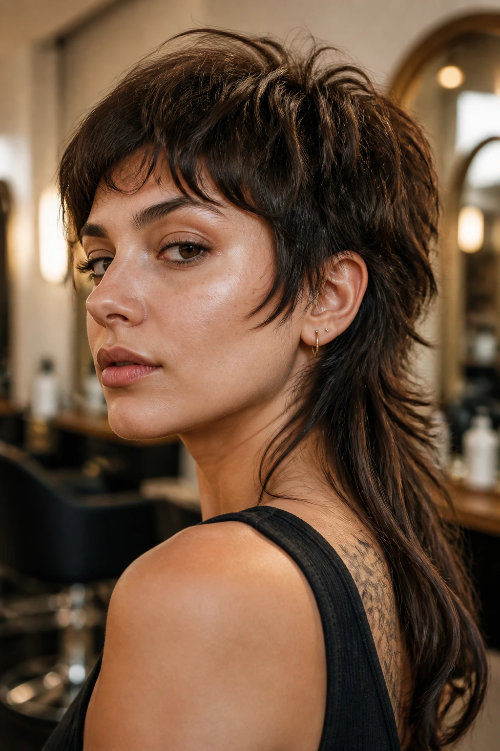 Close-up portrait of a real woman with a bold mullet showing sharpened edge and long back in a salon