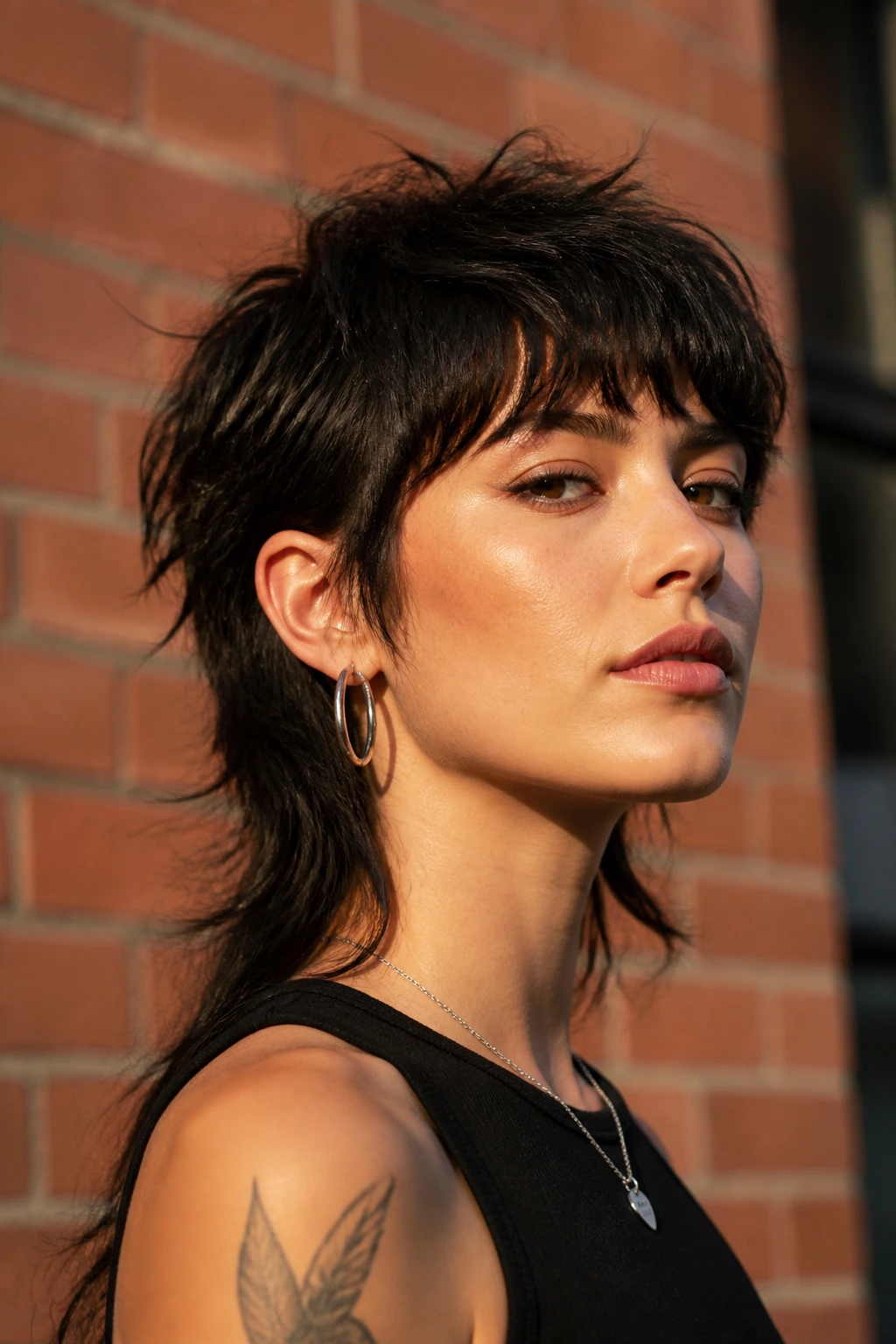 Close-up portrait of a real woman with a bold mullet silhouette outdoors by a brick wall.