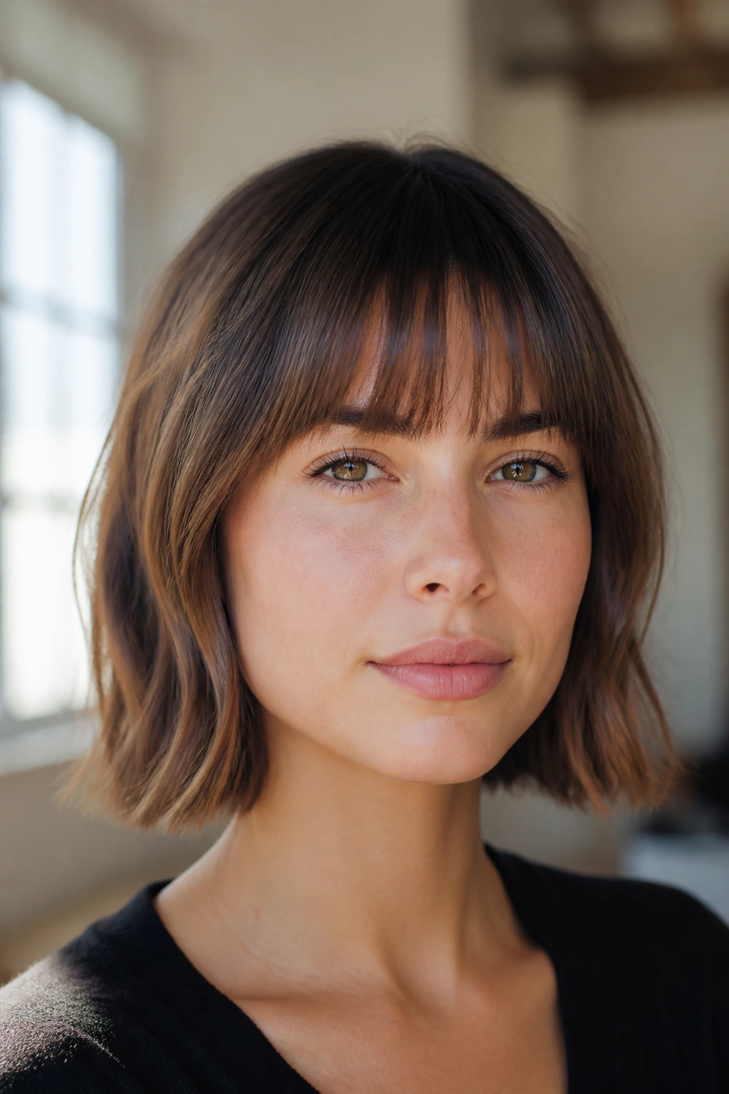 Close-up portrait of a real woman with edge-softened straight bangs