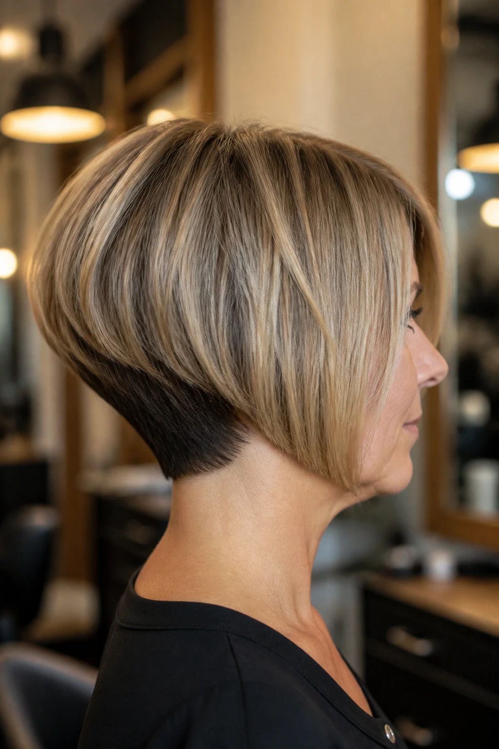 Profile view of sharp-edged stacked bob on real person