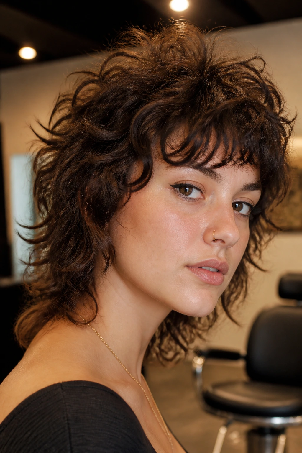 Close-up of a person with a bold edge-up shag hairstyle on the crown area.