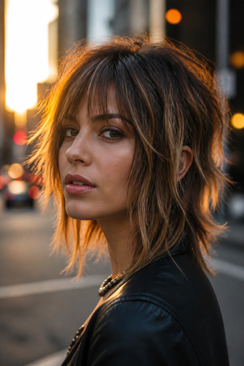 Portrait of person with edgy choppy layers and textured ends in golden hour light