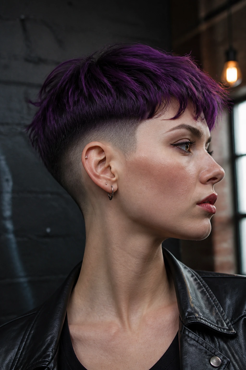 Close-up portrait of a real person with an edgy disconnected undercut pixie, dramatic top-to-side contrast