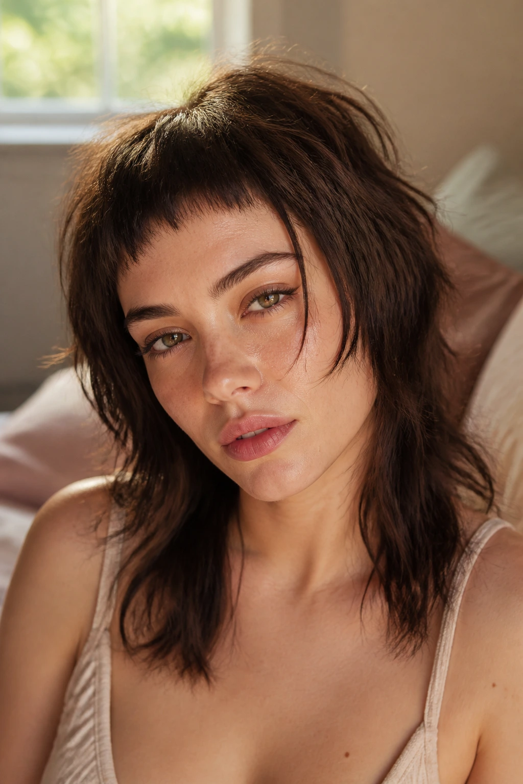 Close-up portrait of a real woman with edgy micro-fringe shag in a sunlit bedroom