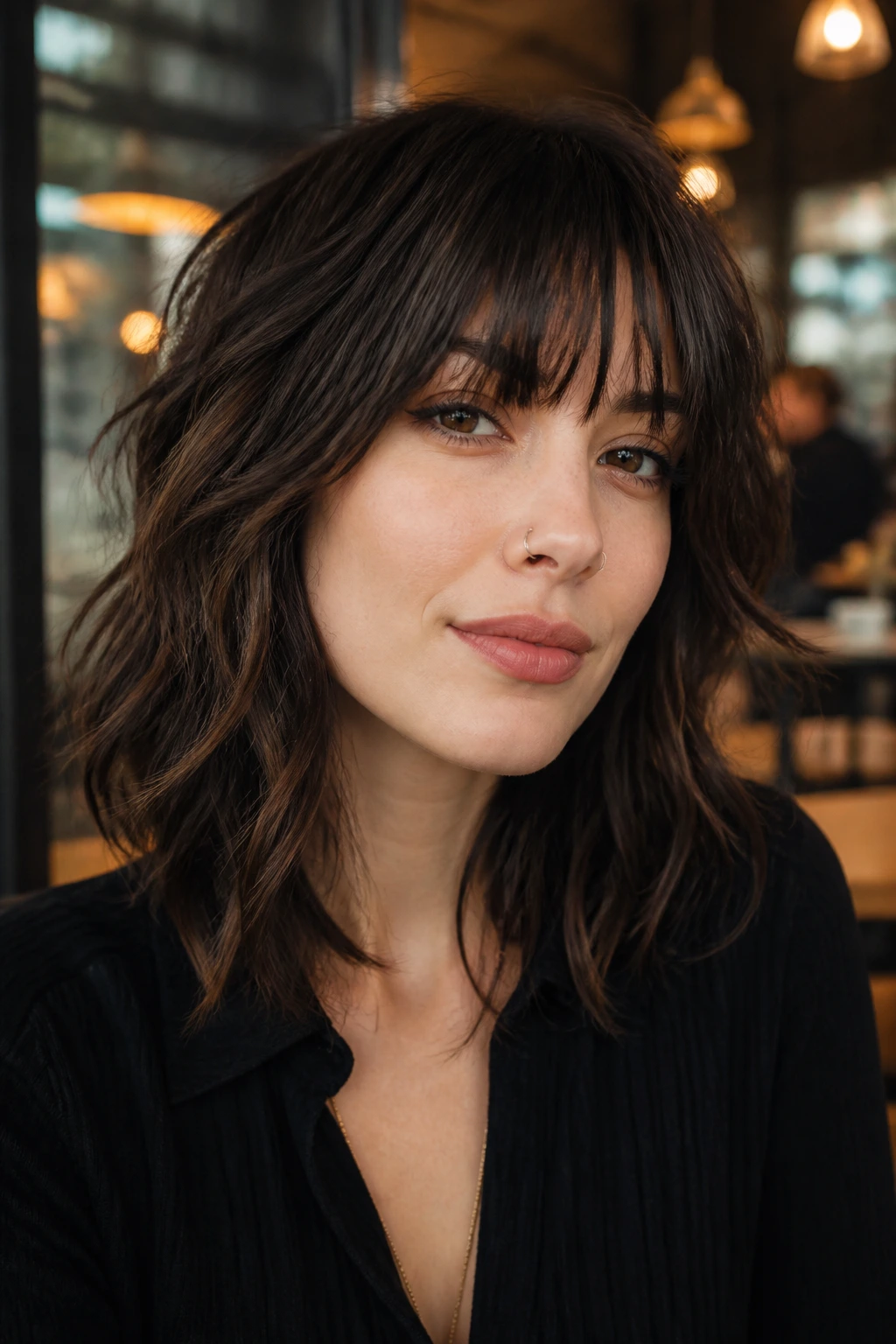 Close-up portrait of a real person with edgy medium-length hair and bangs in a cafe setting