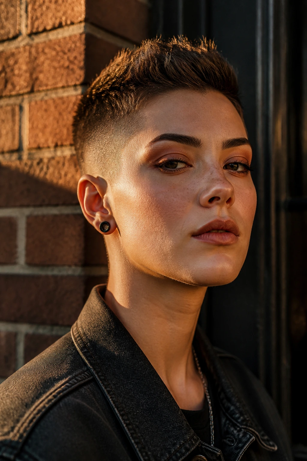 Close-up portrait of a woman with a sharp edgy short haircut in front of a brick doorway