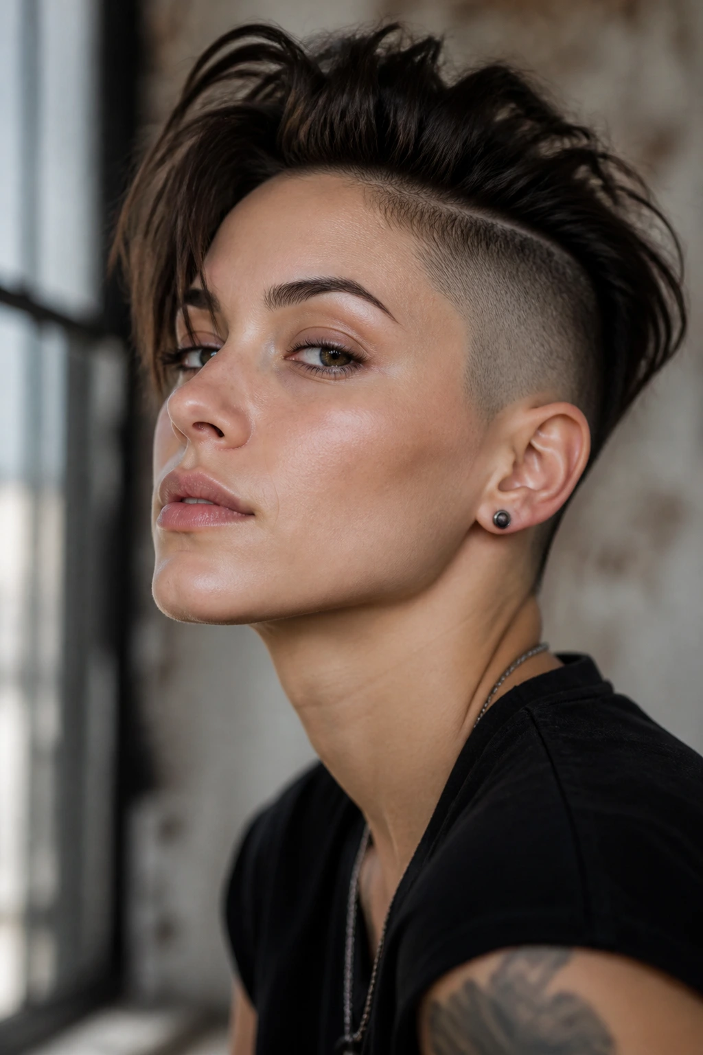 Close-up portrait of a real person with shaved temples and sharp haircut edges