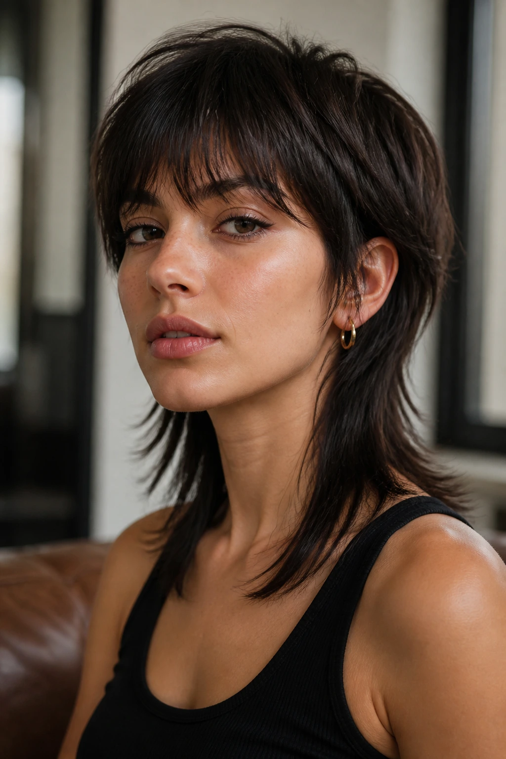 Portrait of a real woman with a sharp, edgy mullet in a modern setting illustrating a polished cut