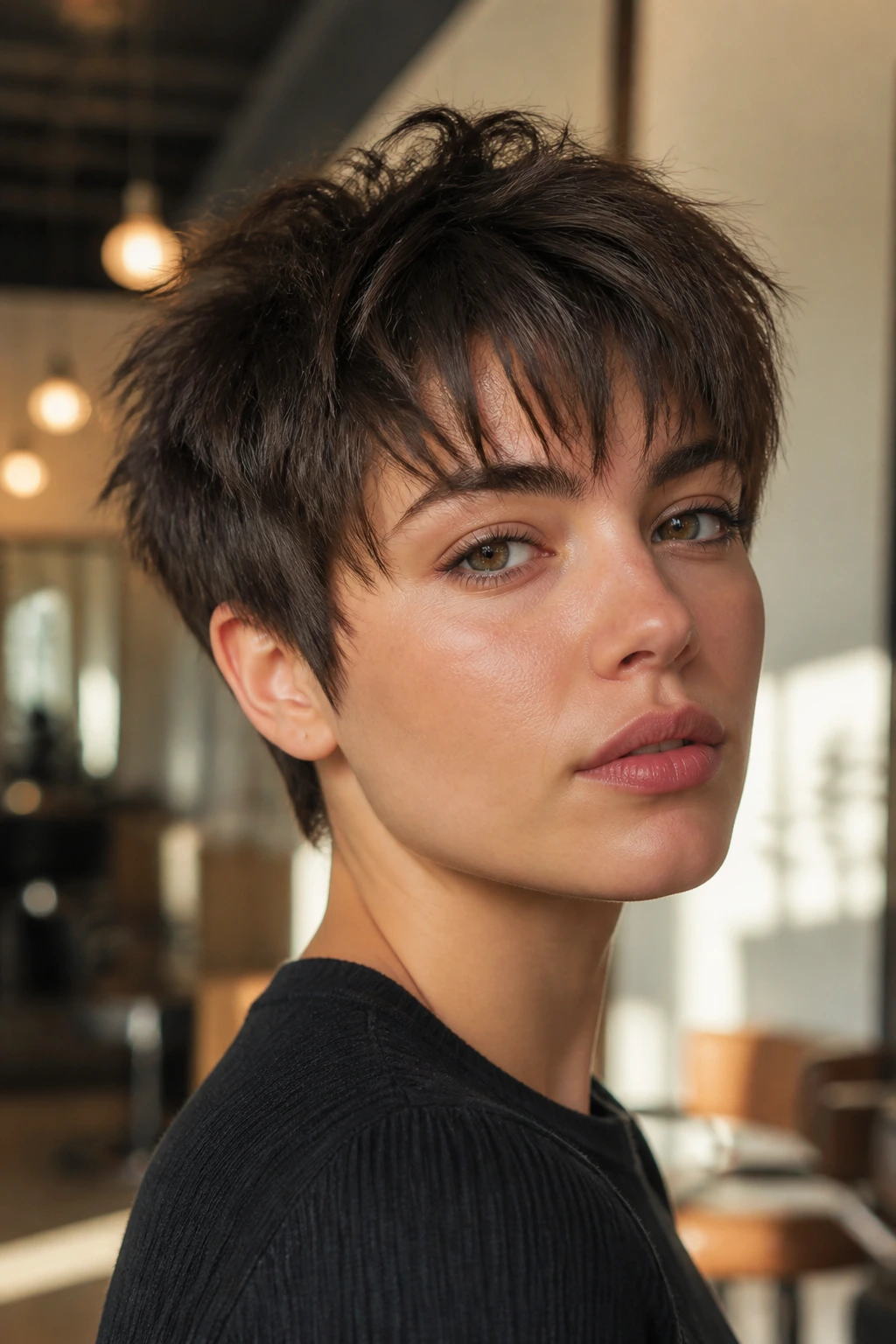 Close-up portrait of a real person with edgy layered pixie and piecey bangs in a warm salon