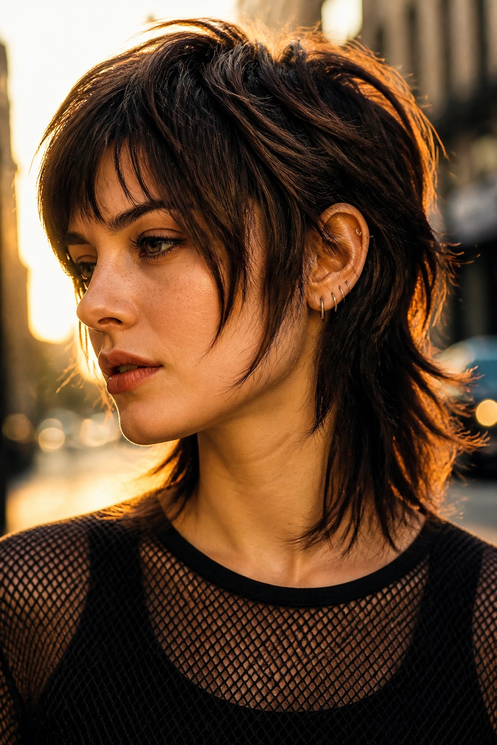 Close-up of a real person with an edgy pixie mullet featuring razor face framing.