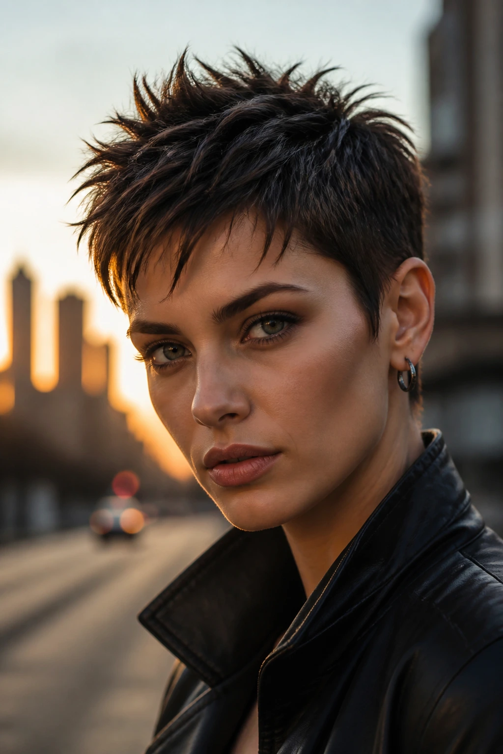 Close-up portrait of a real person with edgy spiky pixie in urban golden hour light