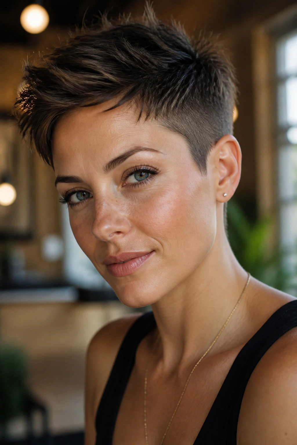 Portrait of someone with edgy undercut pixie showing strong contrast