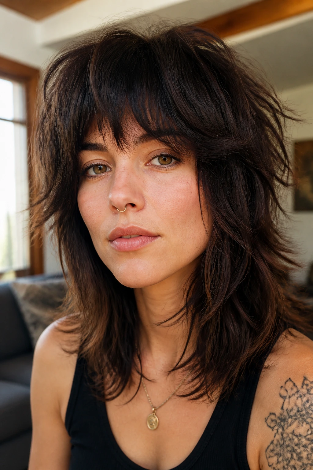 Close-up portrait of a real person with thick, layered edgy shag