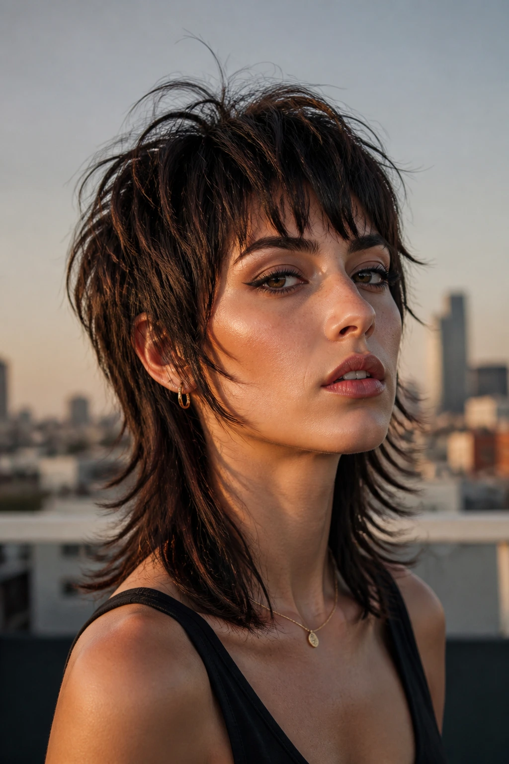 Close-up portrait of a real woman with edgy textured wolf cut and bold layers.