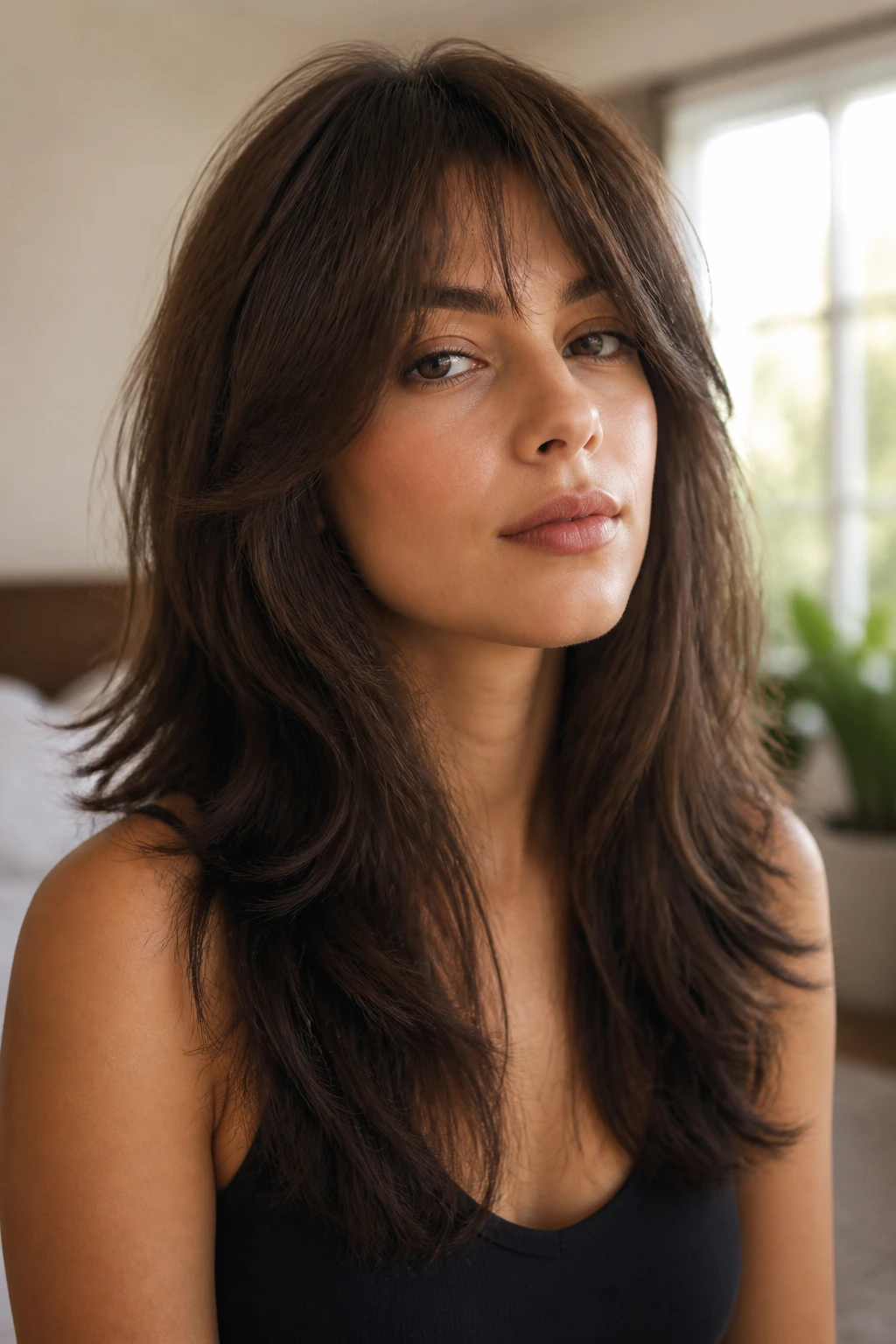 Close-up of a real person with a thick, edgy long haircut showing crown weight and blunt edge.