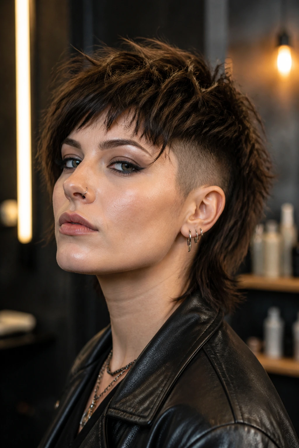Close-up portrait of a real person with an edgy undercut shag in a modern salon.