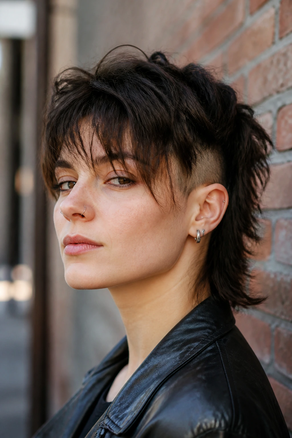 Portrait of a person with edgy undercut shag and wispy fringe in urban light.